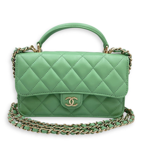 Top Handle Mini Apple Green Crossbody Bag in Lambskin, Gold hardware