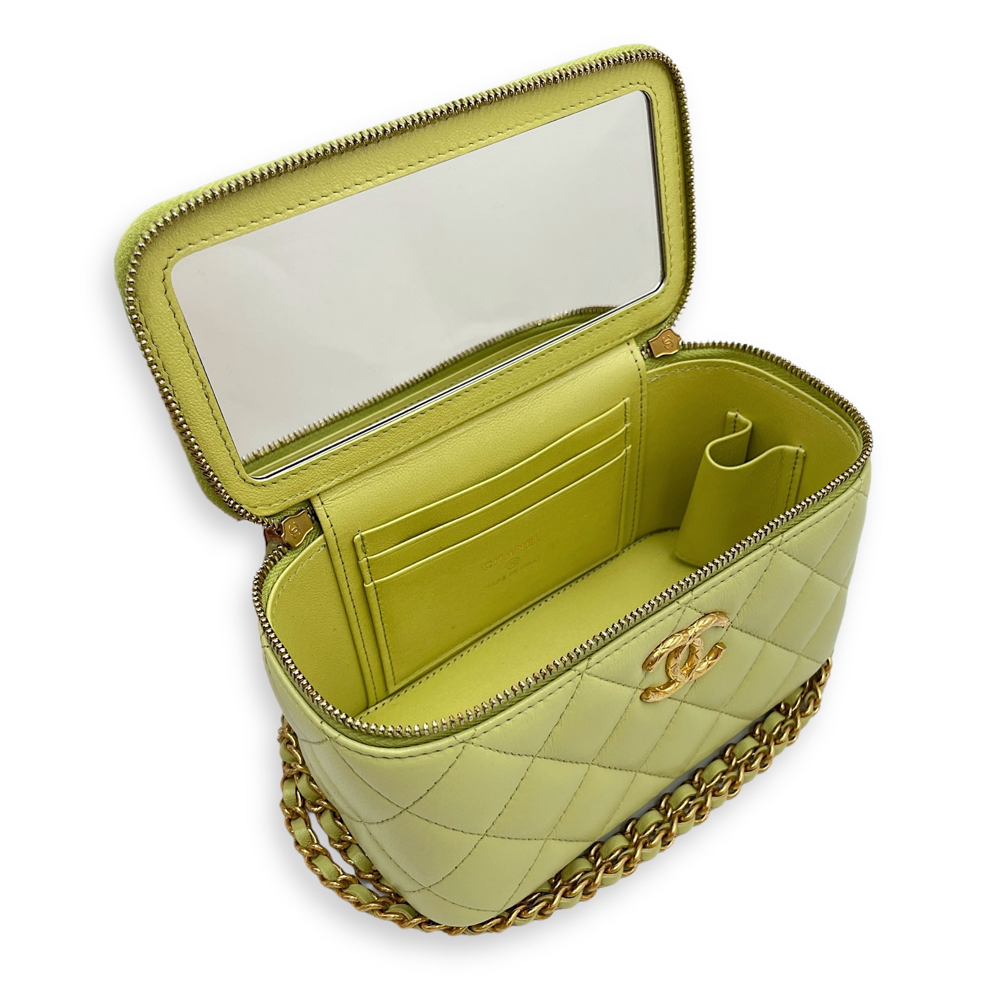 Quilted Green Vanity Case in Lambskin, Gold hardware