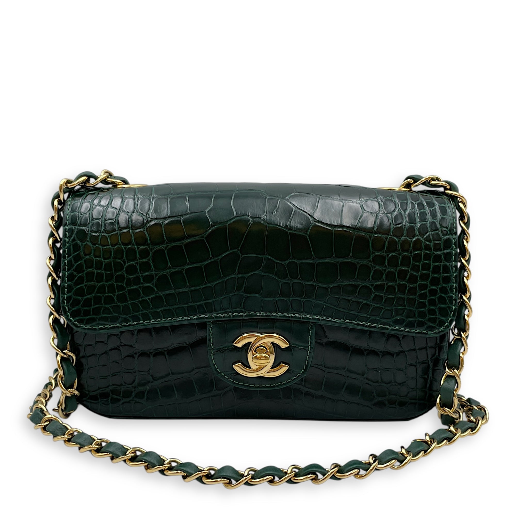 Classic Flap Emerald Green Crossbody Bag in Shiny Alligator, Gold hardware
