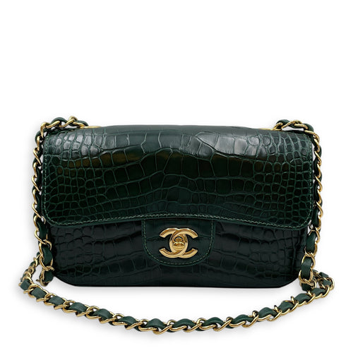 Classic Flap Emerald Green Crossbody Bag in Shiny Alligator, Gold hardware
