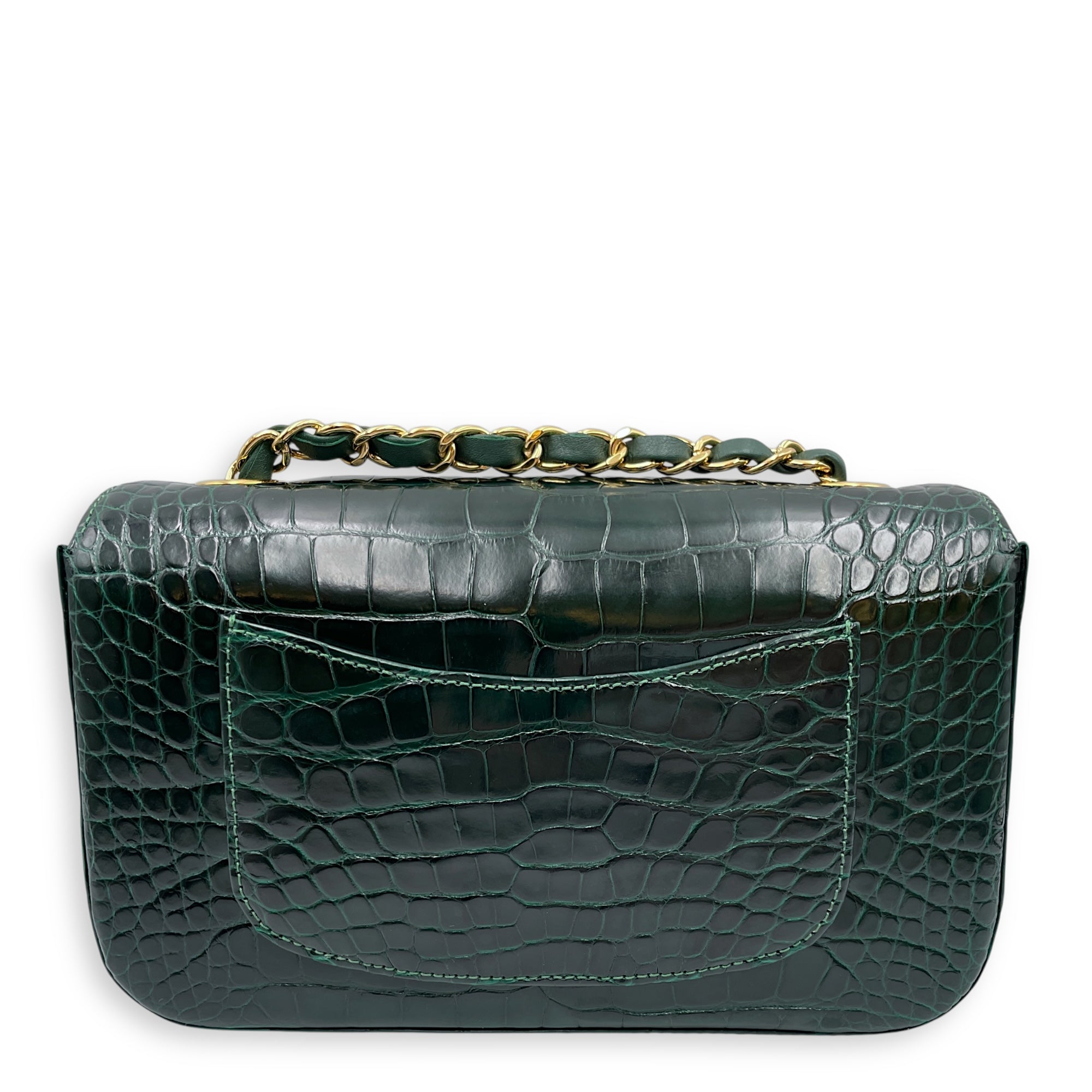 Classic Flap Emerald Green Crossbody Bag in Shiny Alligator, Gold hardware