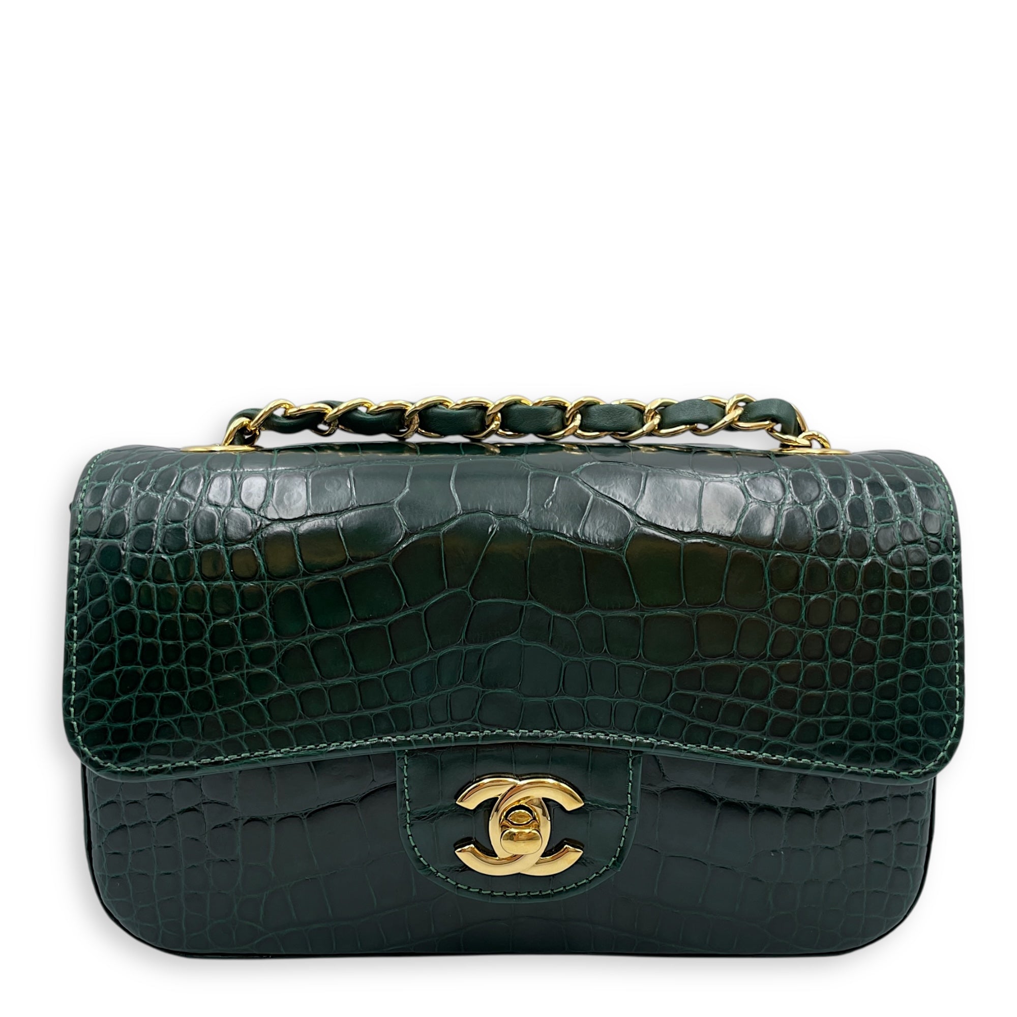 Classic Flap Emerald Green Crossbody Bag in Shiny Alligator, Gold hardware