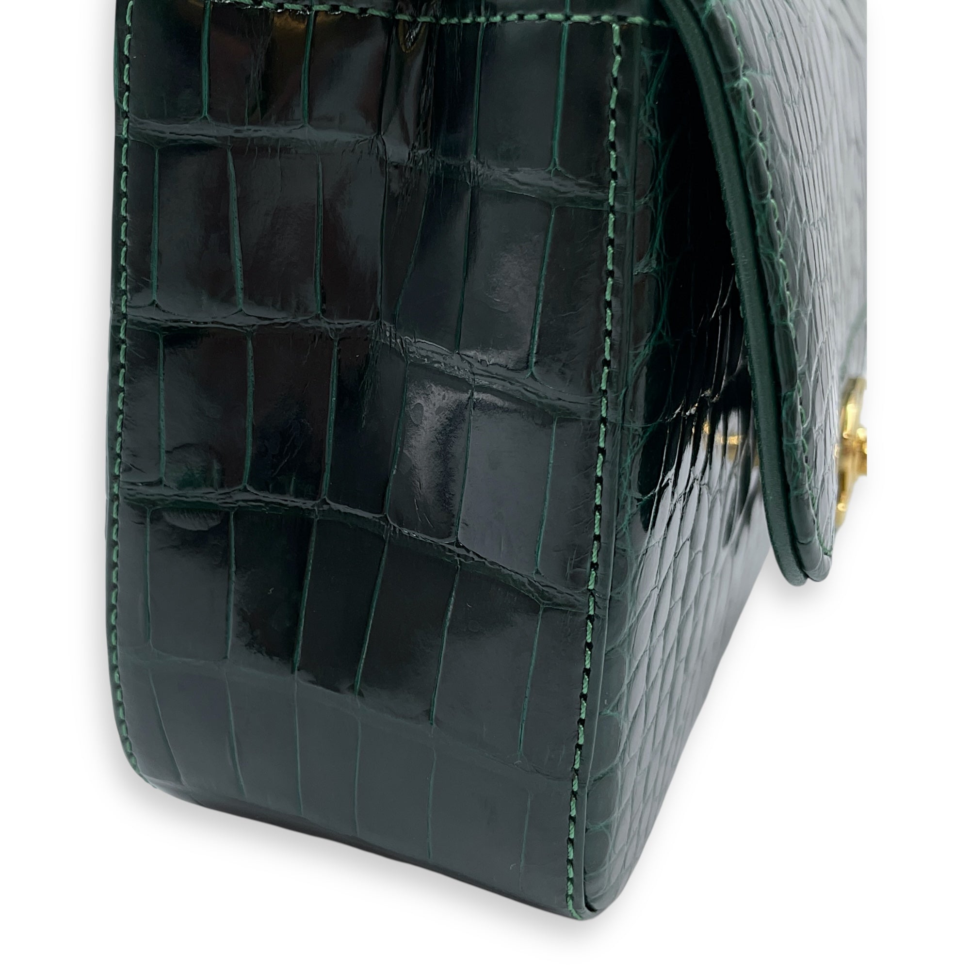 Classic Flap Emerald Green Crossbody Bag in Shiny Alligator, Gold hardware