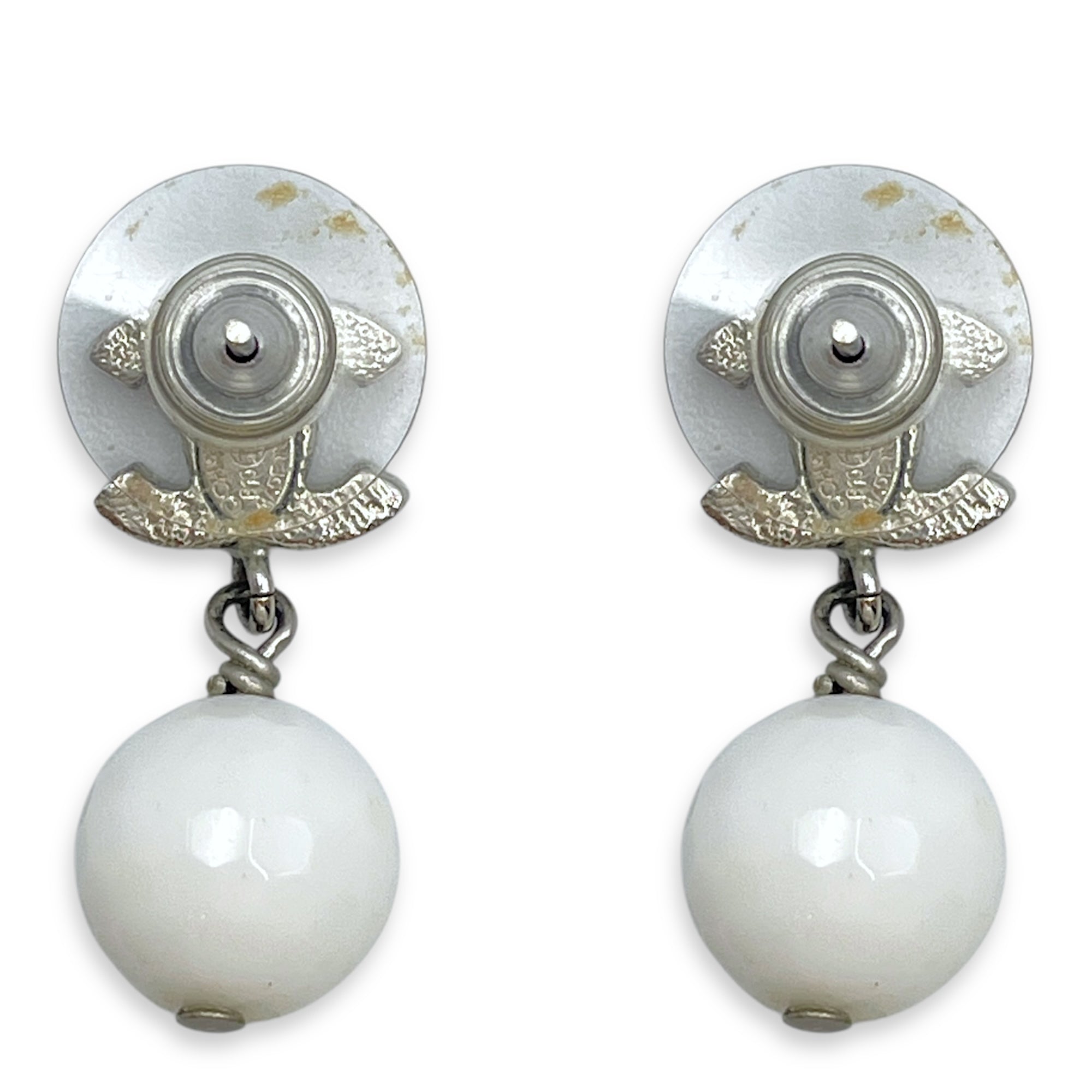 Double CC Dangling White Enamel Earrings