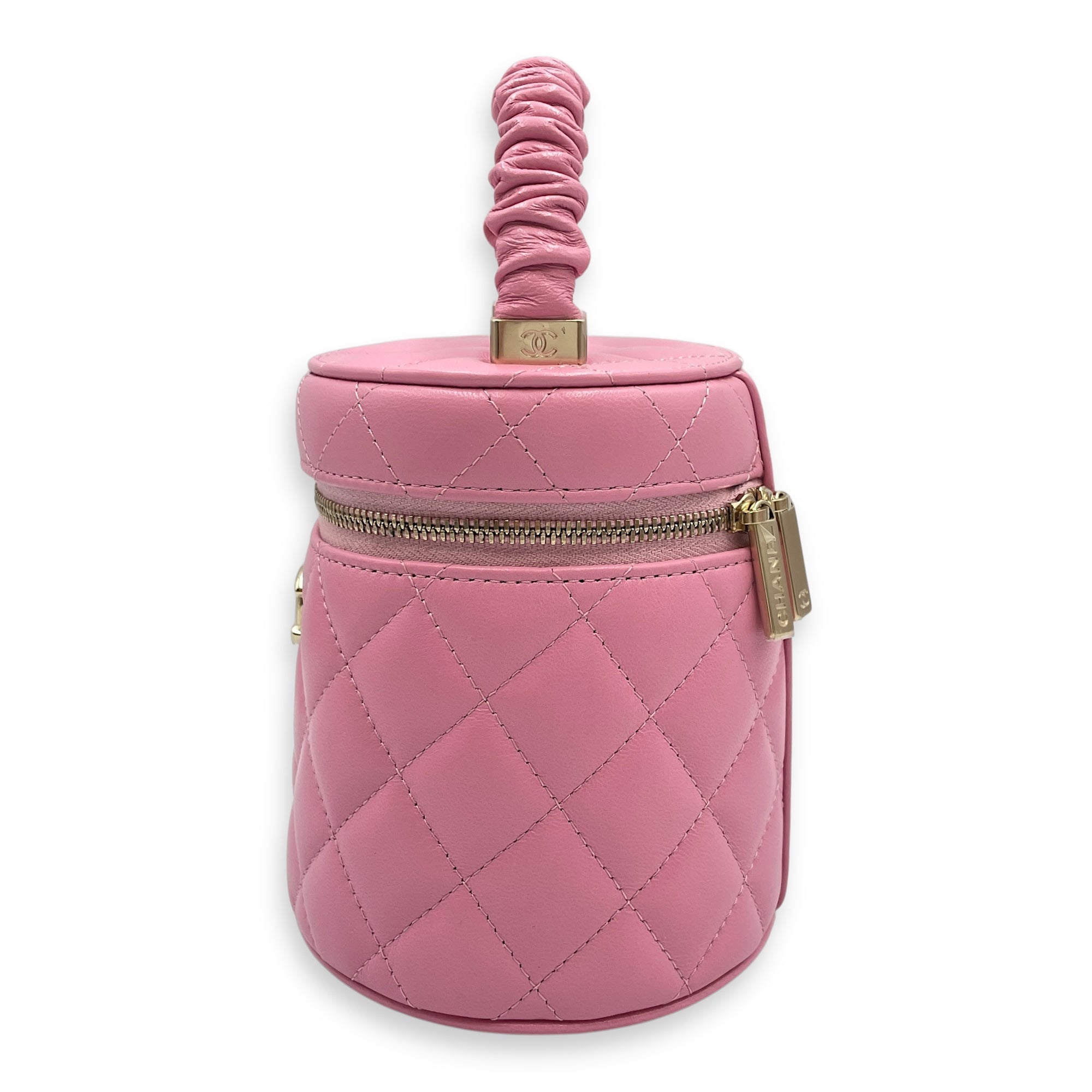 Vanity Mini Pink Top Handle Bag in Lambskin, Gold hardware
