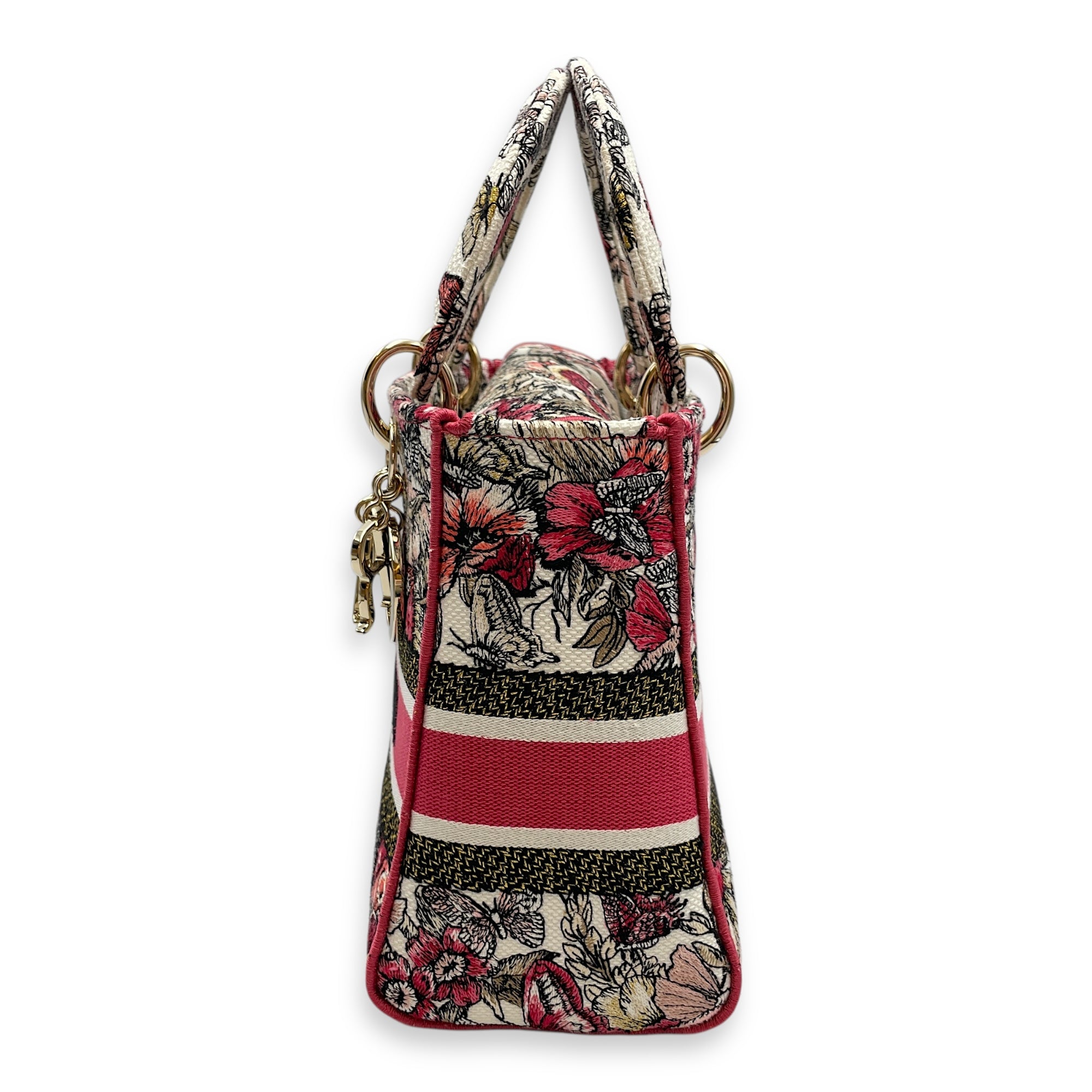 Lady Dior Butterfly Medium Pink and White Shoulder Bag in Canvas, Gold hardware