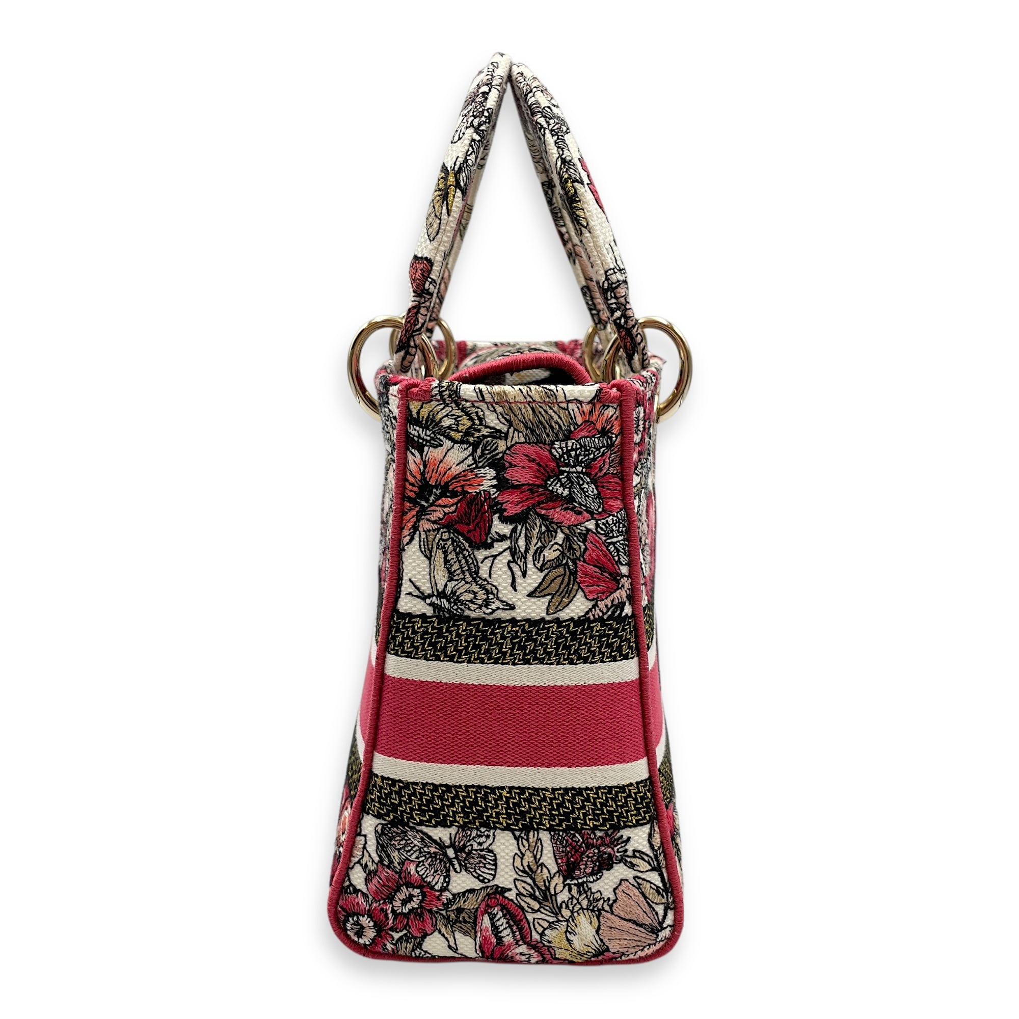 Lady Dior Butterfly Medium Pink and White Shoulder Bag in Canvas, Gold hardware