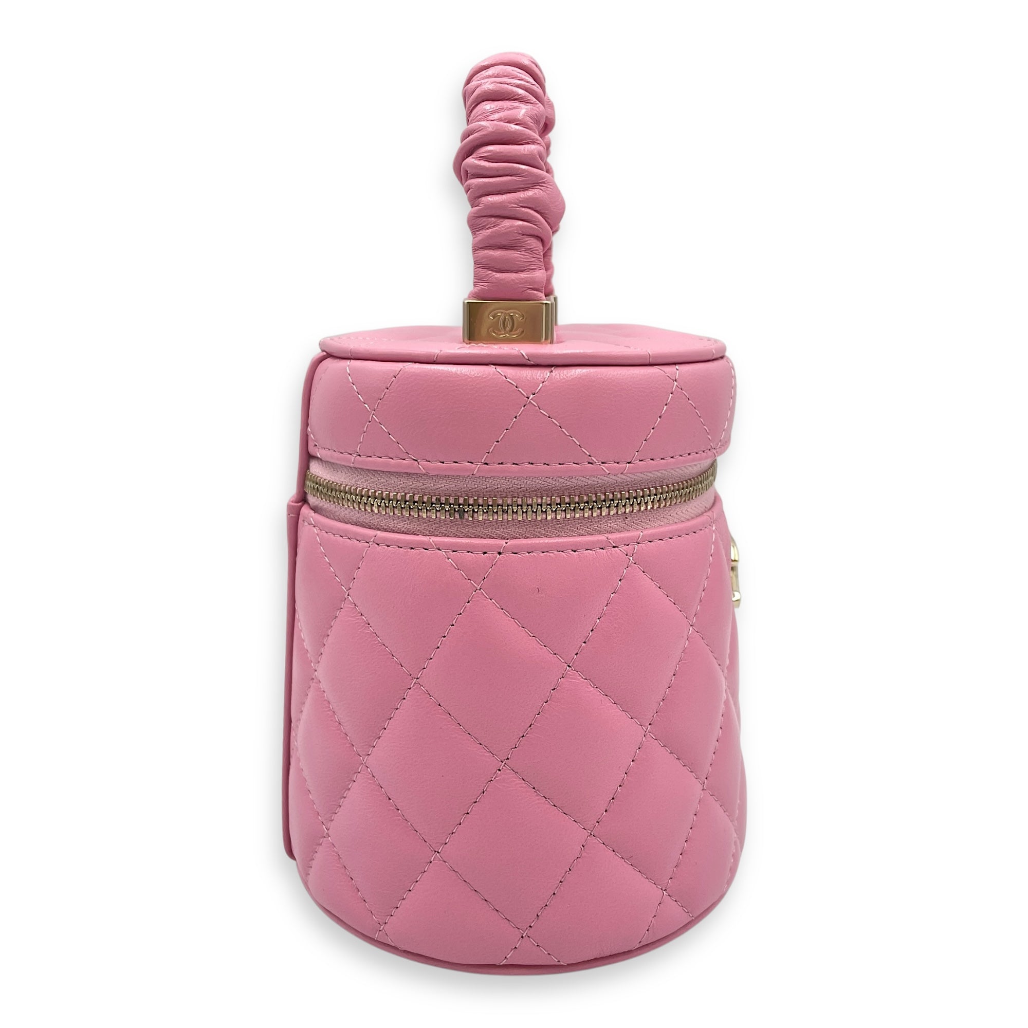Vanity Mini Pink Top Handle Bag in Lambskin, Gold hardware