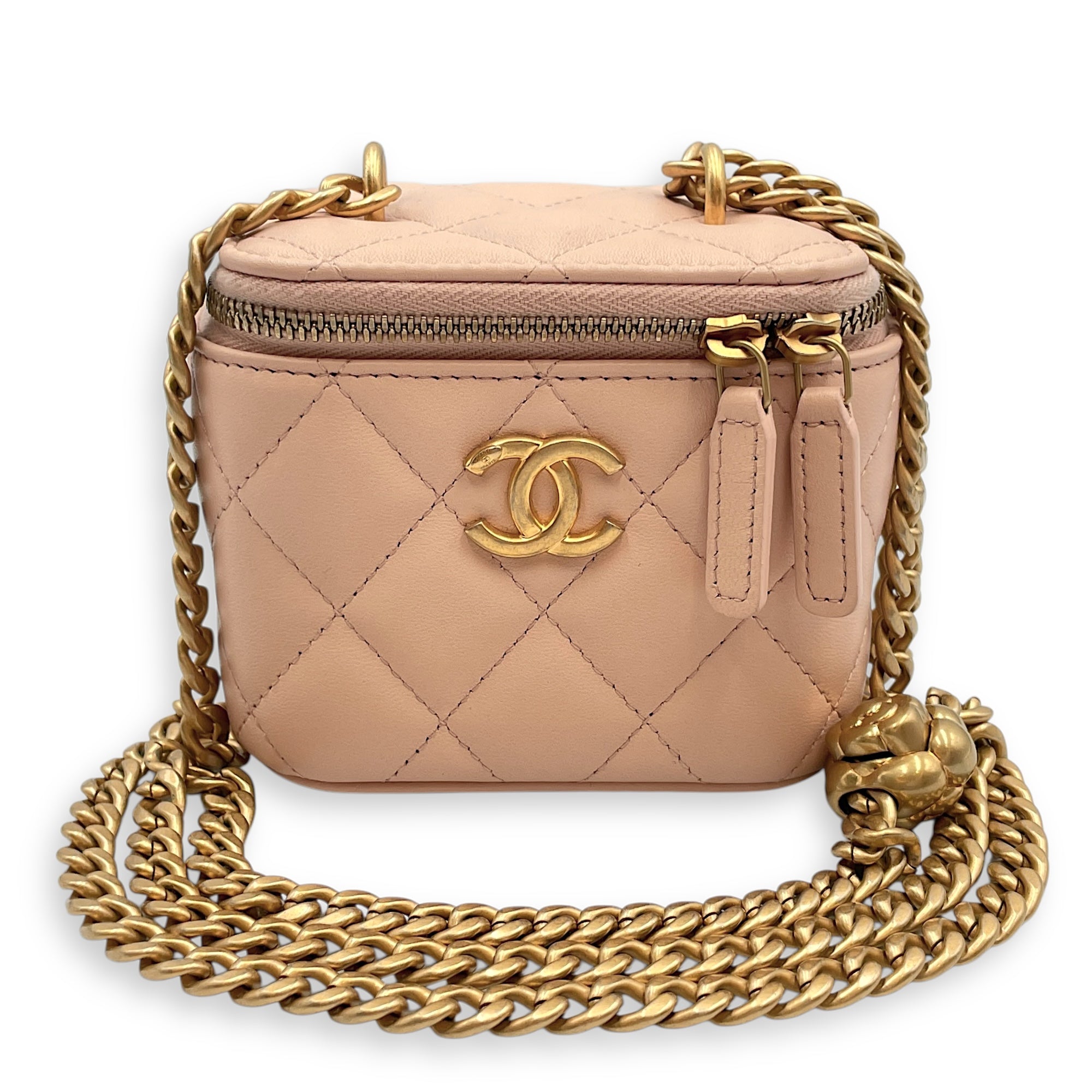 Camelia Crush Mini Beige Vanity Bag in Lambskin, Brushed Gold hardware