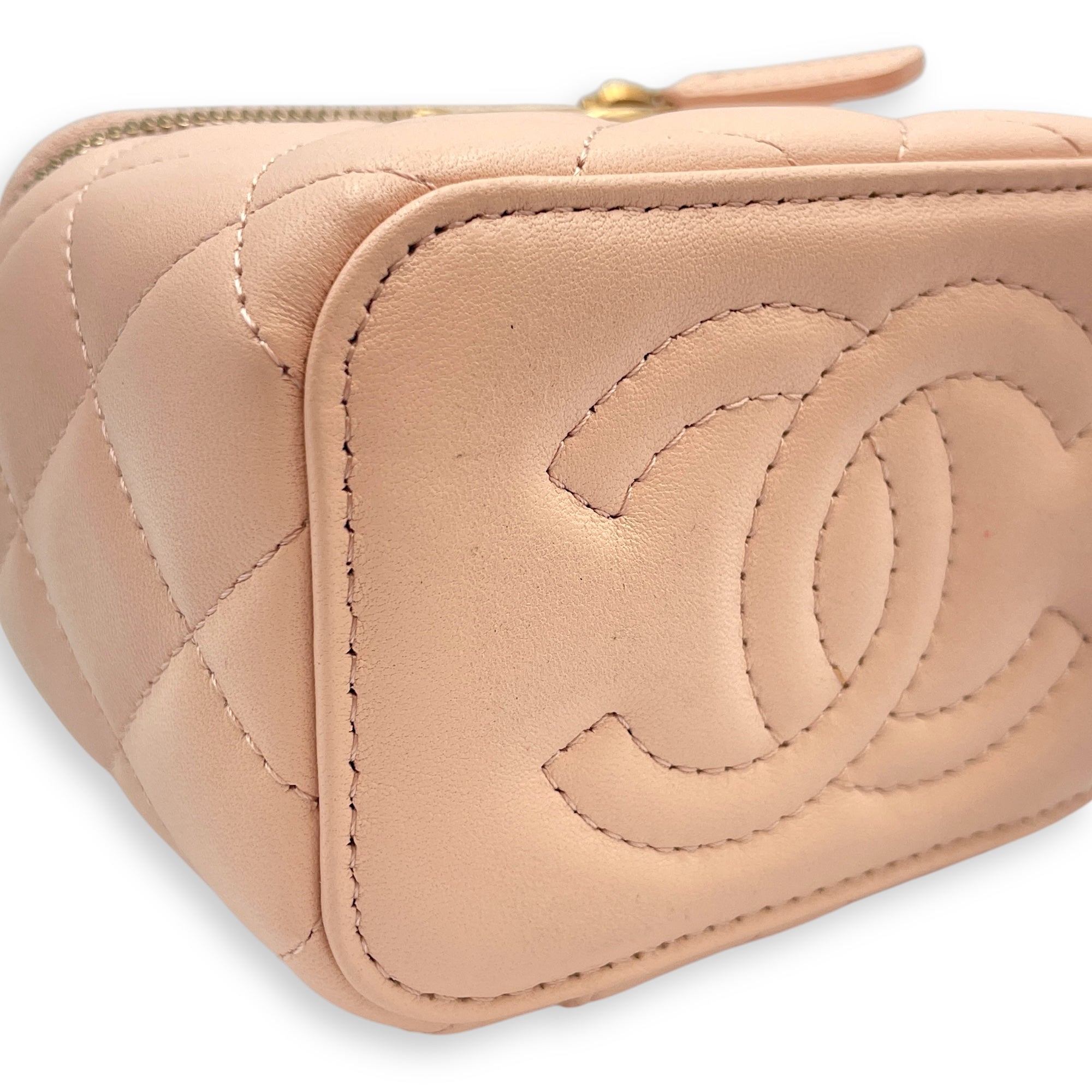 Camelia Crush Mini Beige Vanity Bag in Lambskin, Brushed Gold hardware