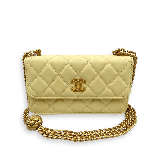 Camelia Crush Mini Yellow Flap Bag in Lambskin, Gold hardware
