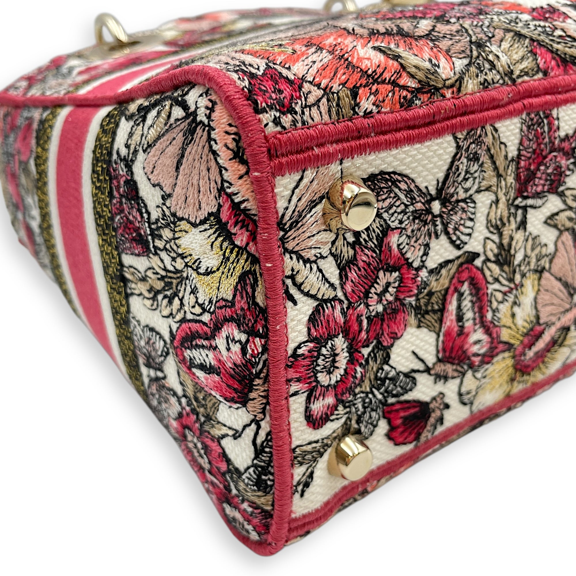Lady Dior Butterfly Medium Pink and White Shoulder Bag in Canvas, Gold hardware