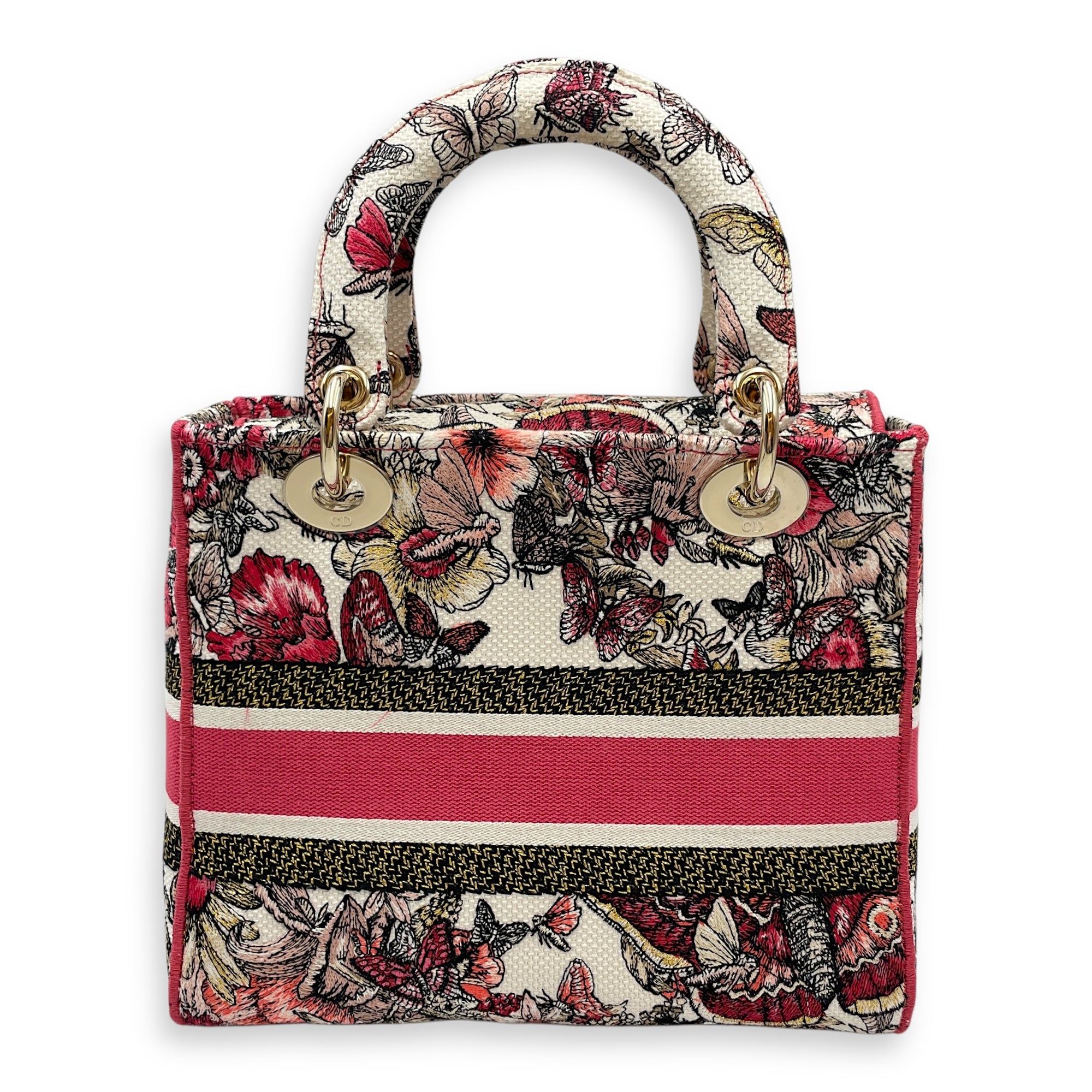 Lady Dior Butterfly Medium Pink and White Shoulder Bag in Canvas, Gold hardware