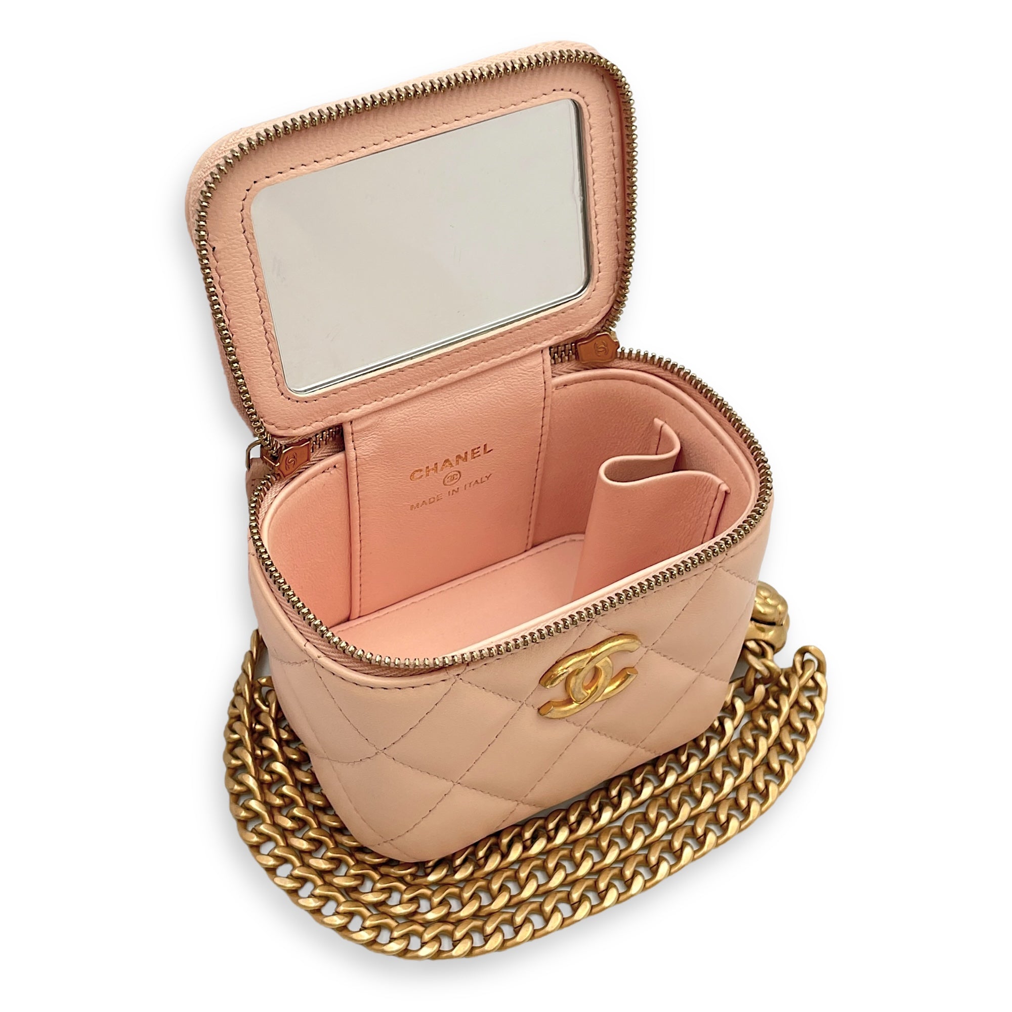 Camelia Crush Mini Beige Vanity Bag in Lambskin, Brushed Gold hardware