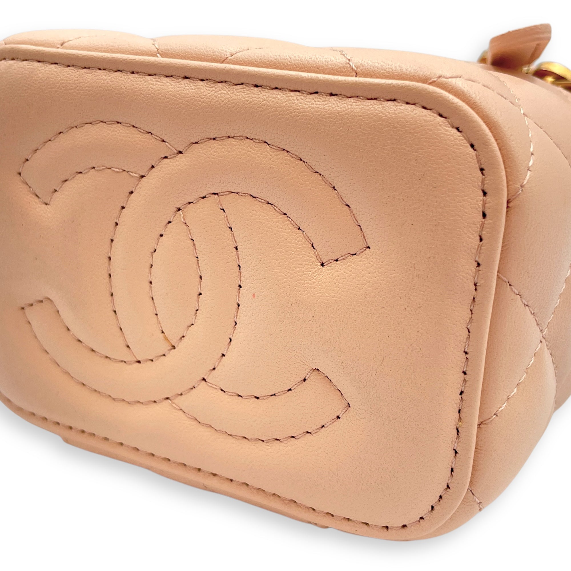 Camelia Crush Mini Beige Vanity Bag in Lambskin, Brushed Gold hardware