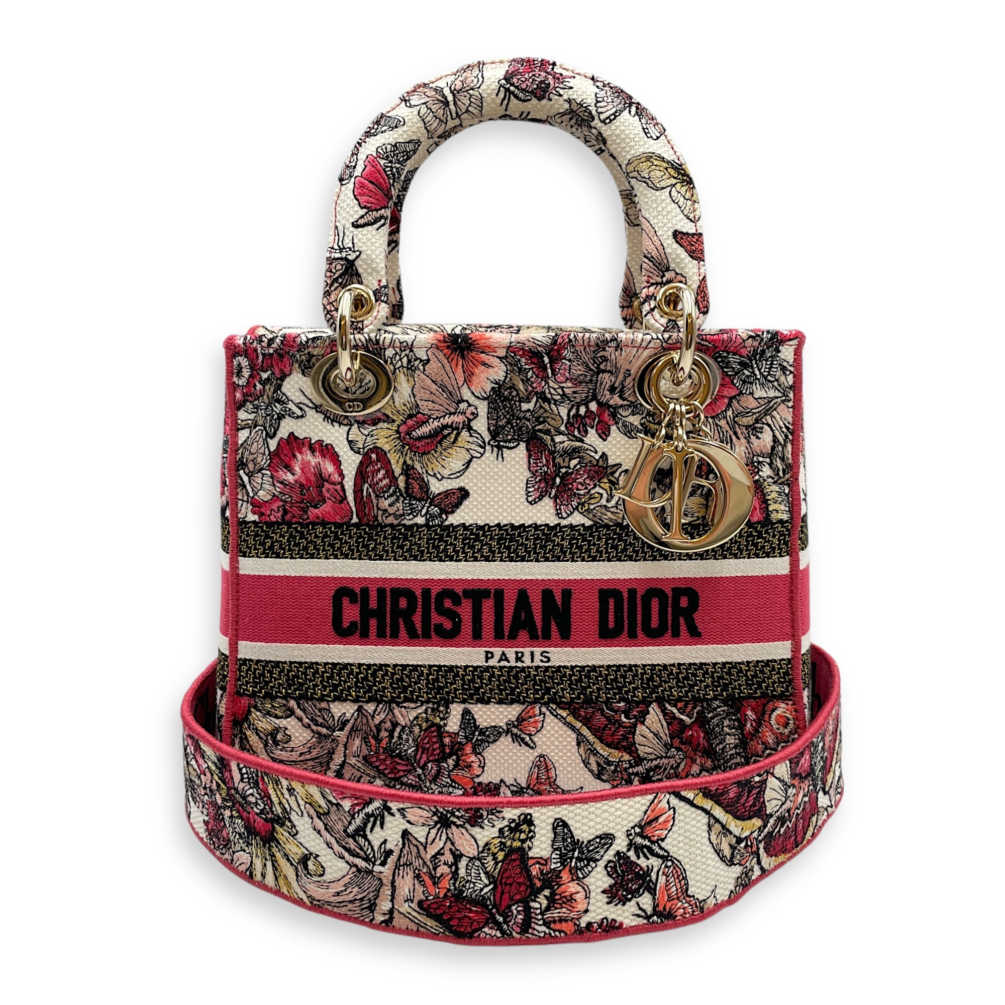 Lady Dior Butterfly Medium Pink and White Shoulder Bag in Canvas, Gold hardware