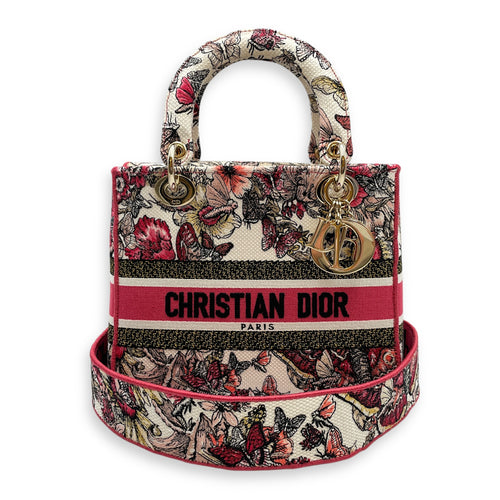 Lady Dior Butterfly Medium Pink and White Shoulder Bag in Canvas, Gold hardware
