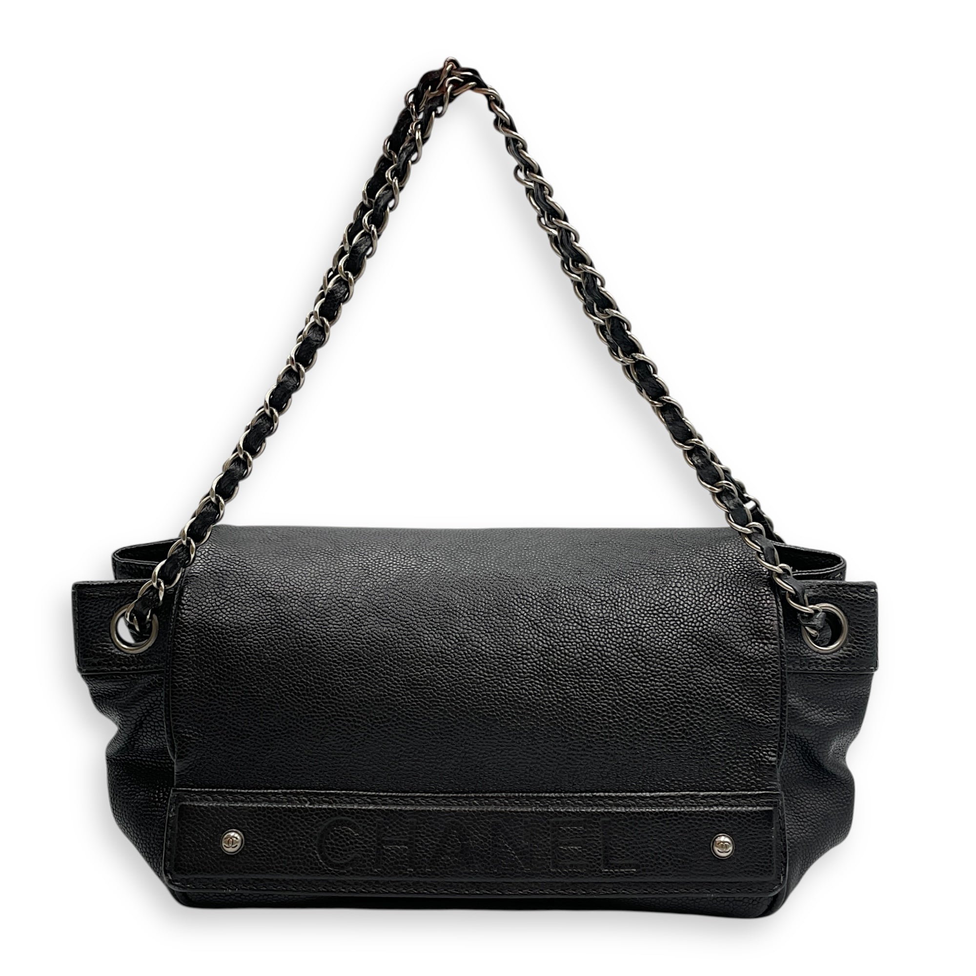Single Flap Black Crossbody Bag in Calfskin, Silver hardware