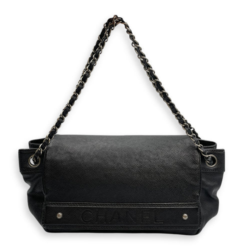 Single Flap Black Crossbody Bag in Calfskin, Silver hardware