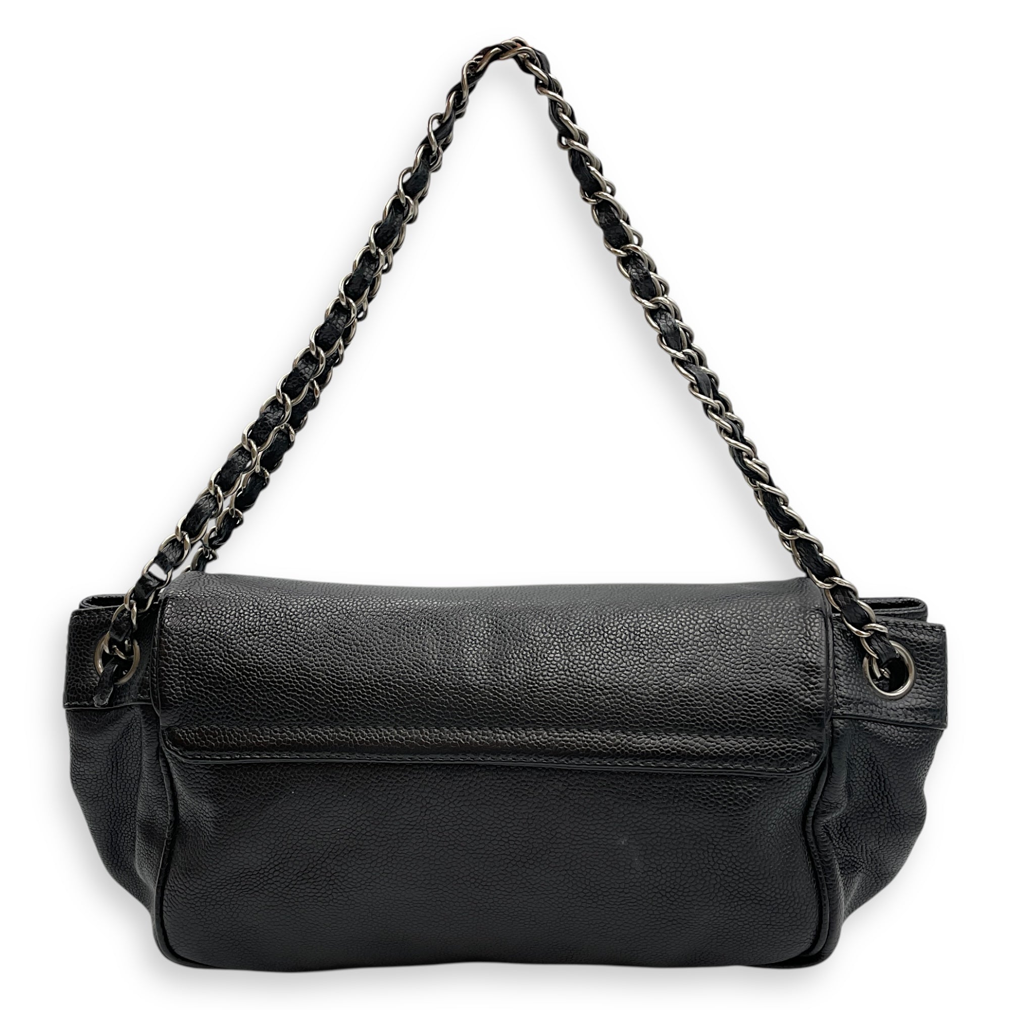 Single Flap Black Crossbody Bag in Calfskin, Silver hardware