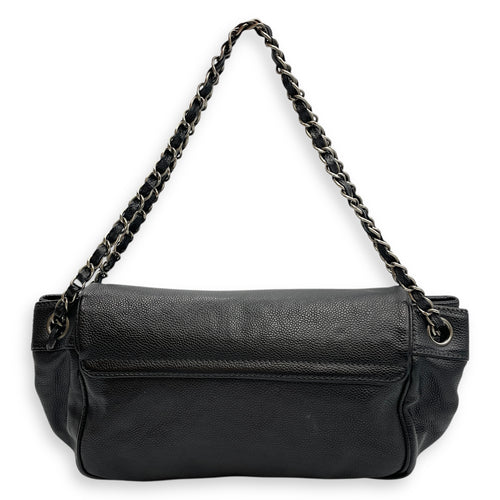 Single Flap Black Crossbody Bag in Calfskin, Silver hardware