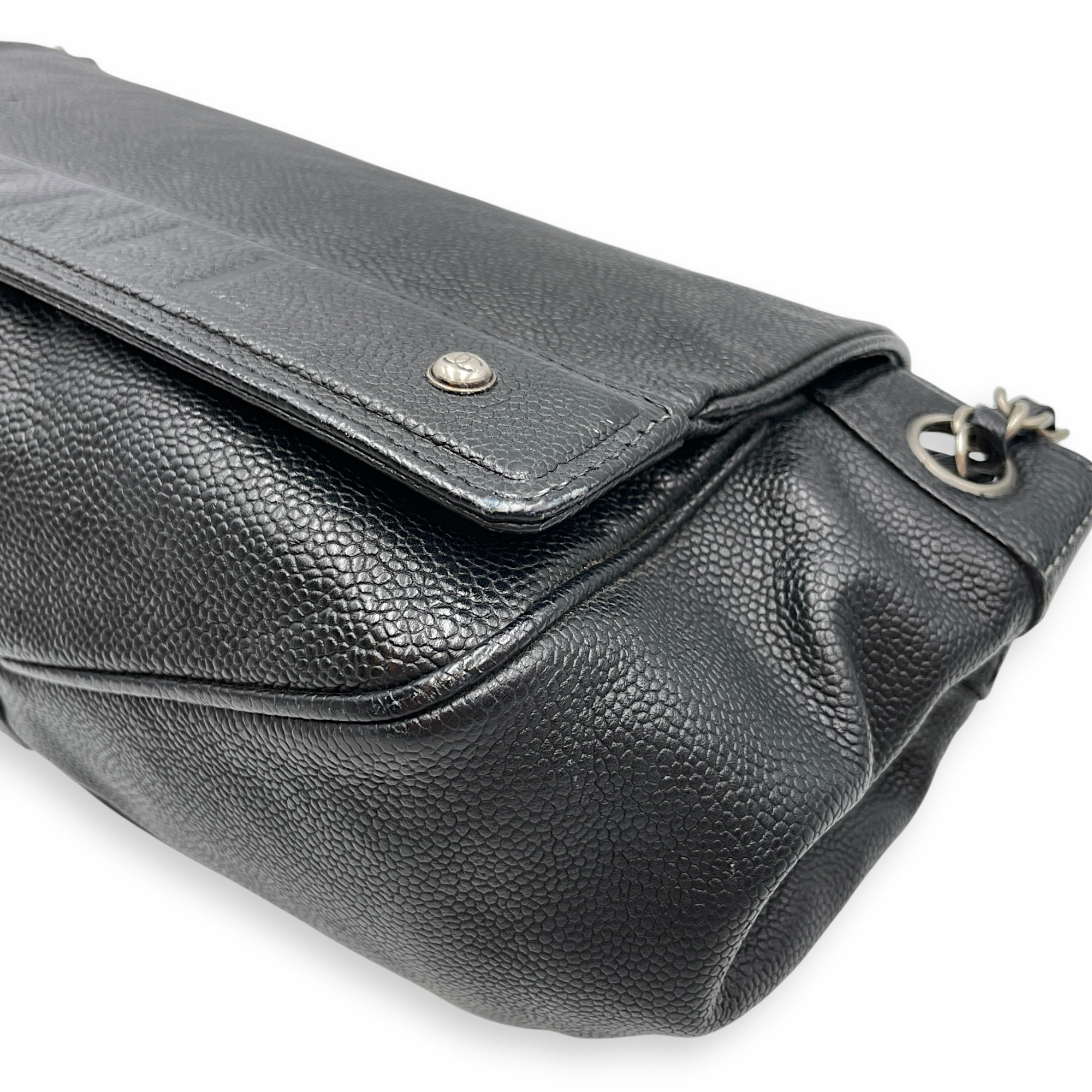 Single Flap Black Crossbody Bag in Calfskin, Silver hardware