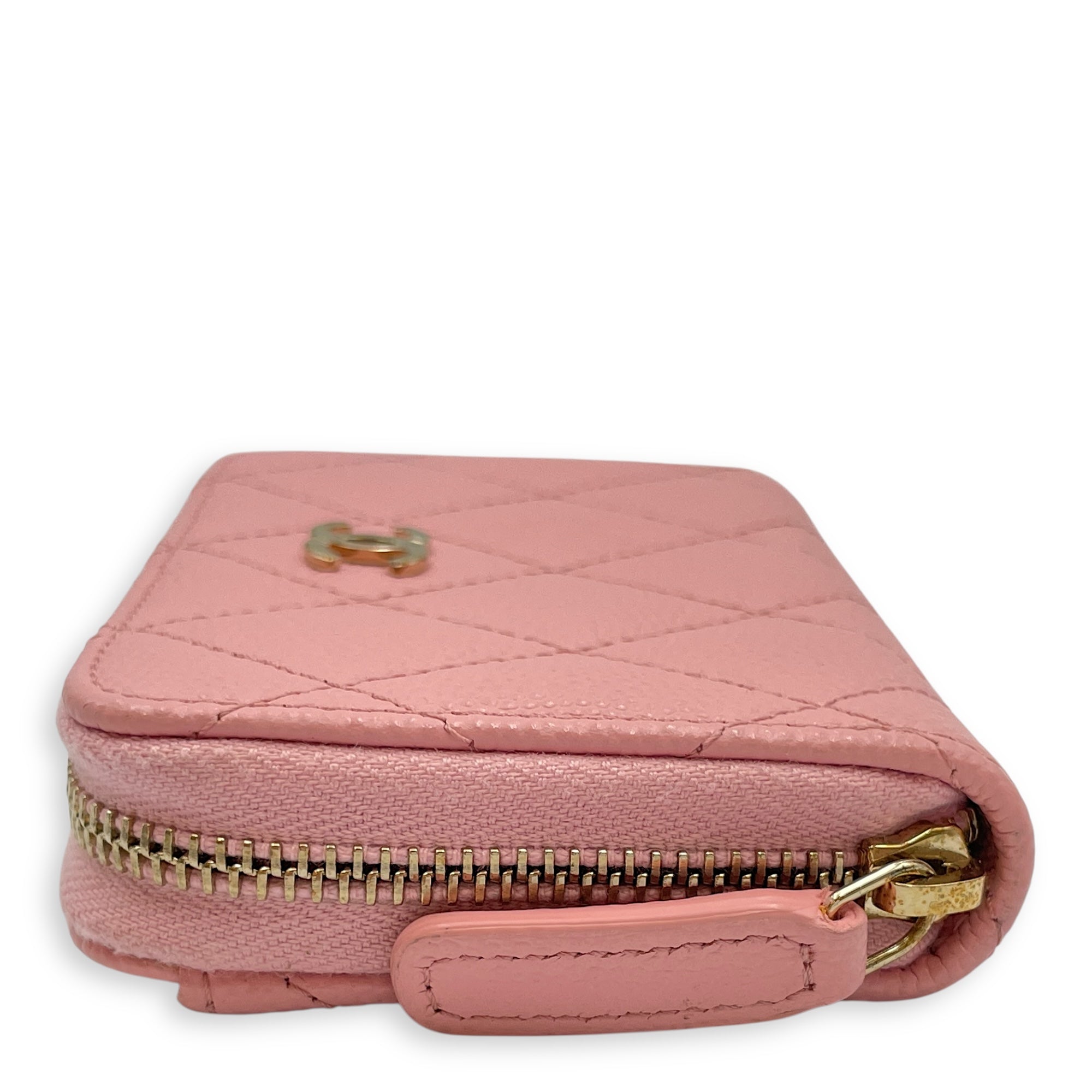 Quilted Zip Pink Card Holder in Caviar Leather, Gold hardware