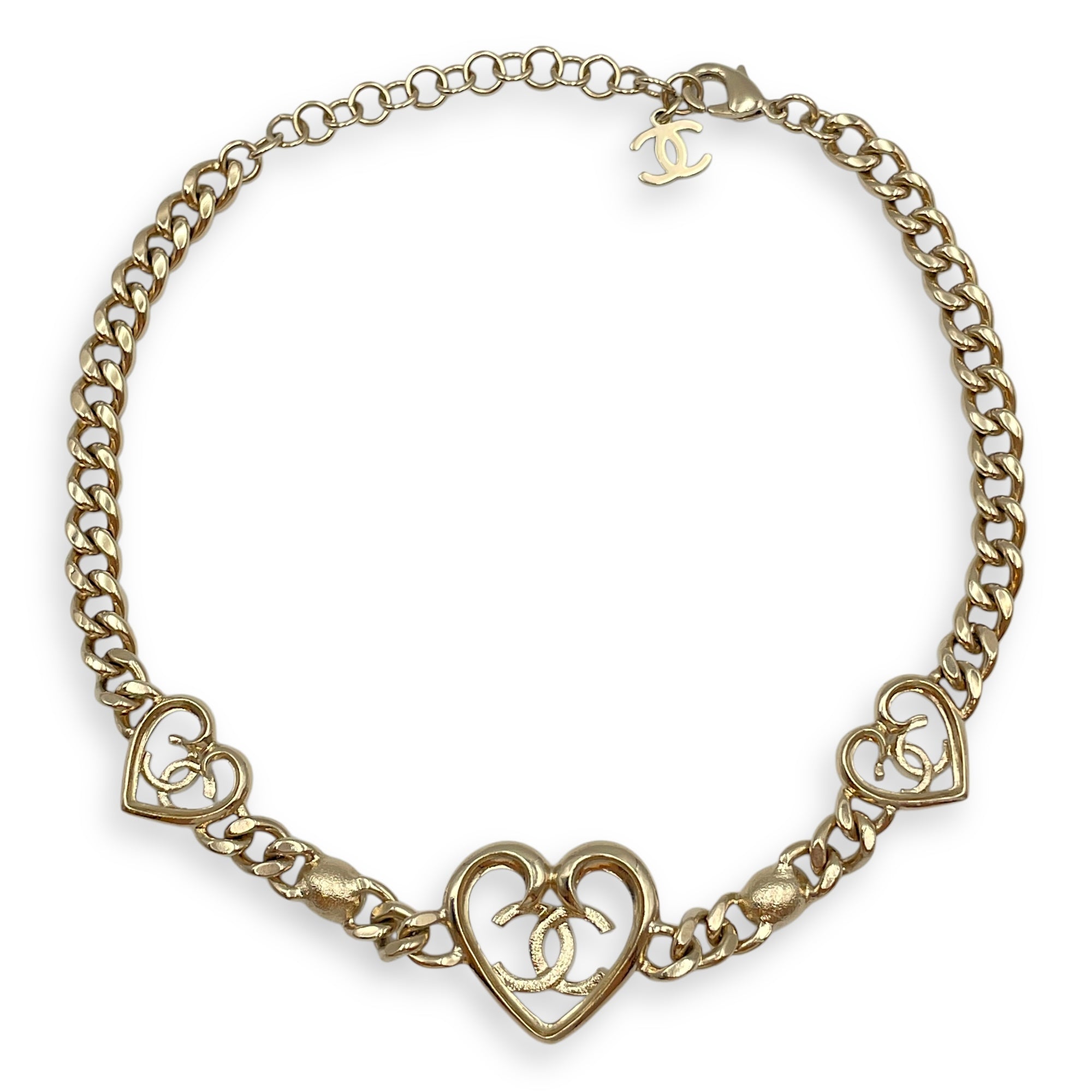 Heart Crystal CC Logo Brushed Gold Hardware Choker