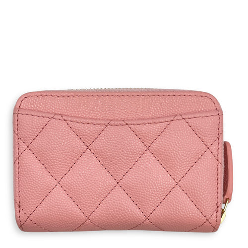 Quilted Zip Pink Card Holder in Caviar Leather, Gold hardware
