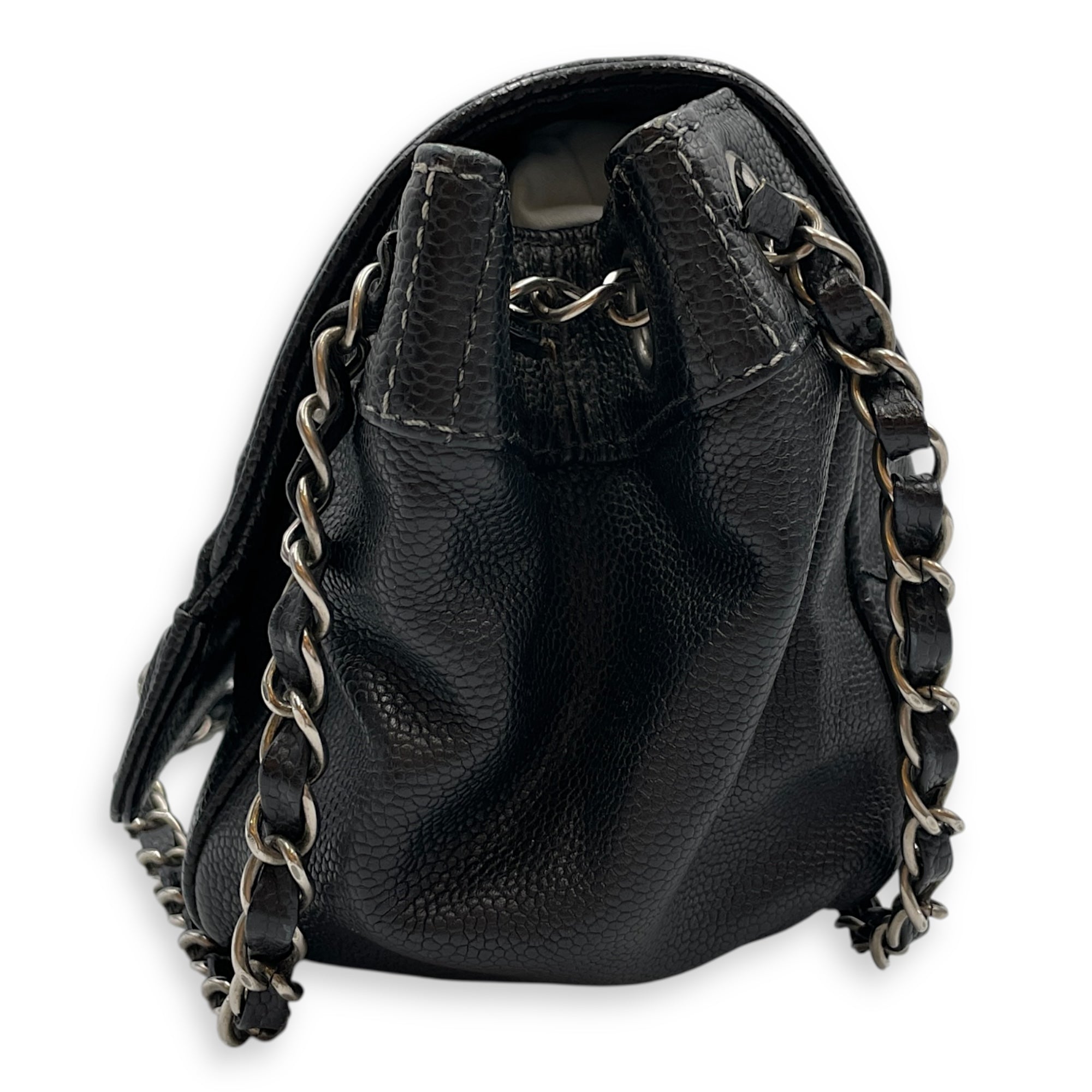 Single Flap Black Crossbody Bag in Calfskin, Silver hardware