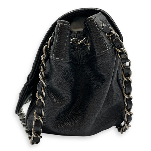 Single Flap Black Crossbody Bag in Calfskin, Silver hardware