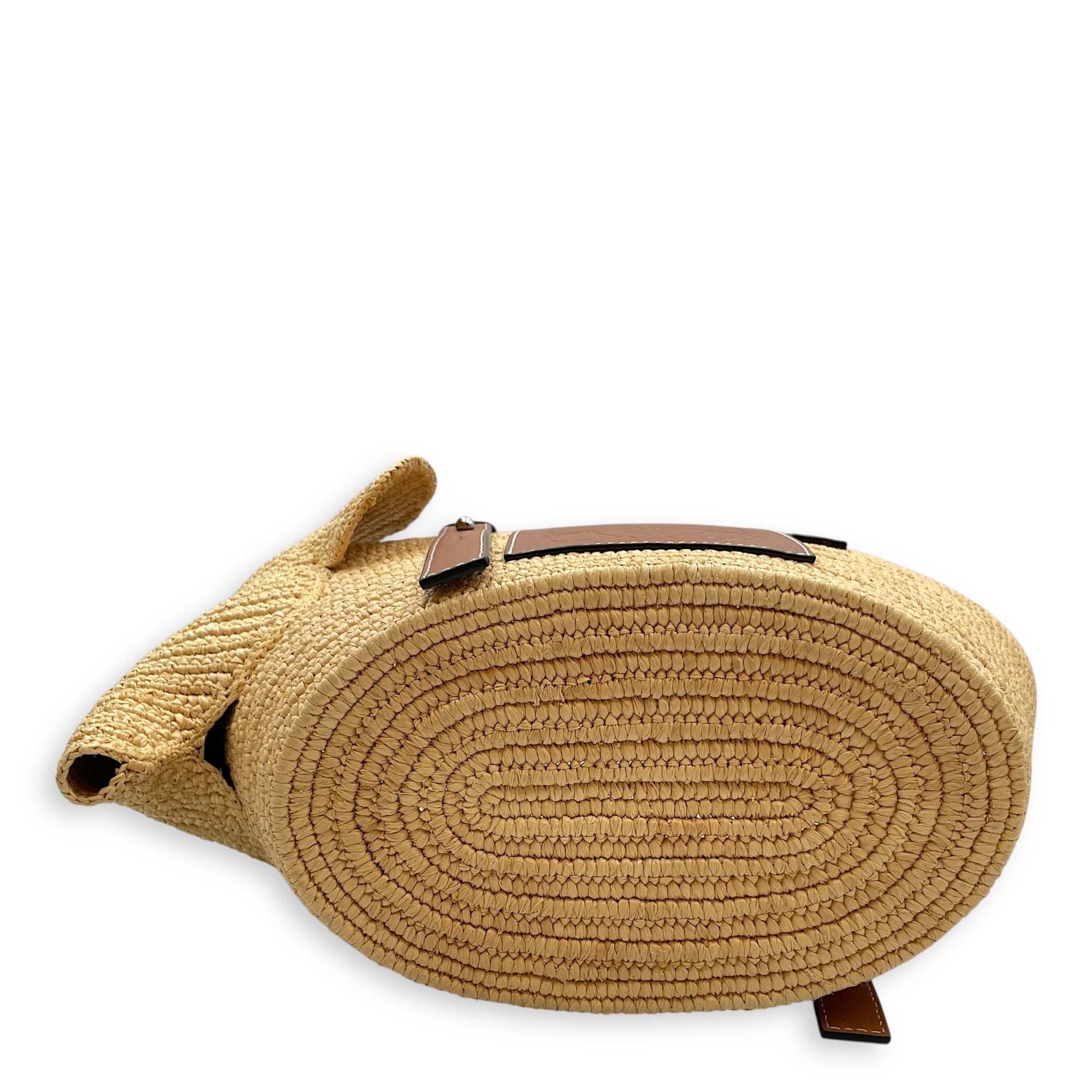 Elephant Basket Small Beige Top Handle Bag in Raffia/Calfskin, Silver hardware