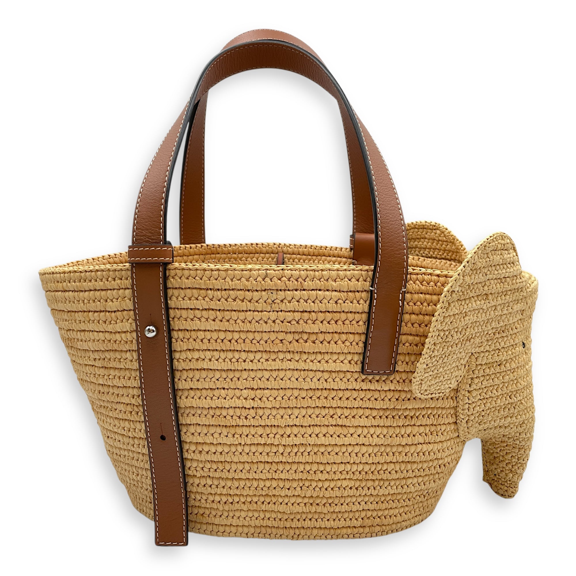 Elephant Basket Small Beige Top Handle Bag in Raffia/Calfskin, Silver hardware