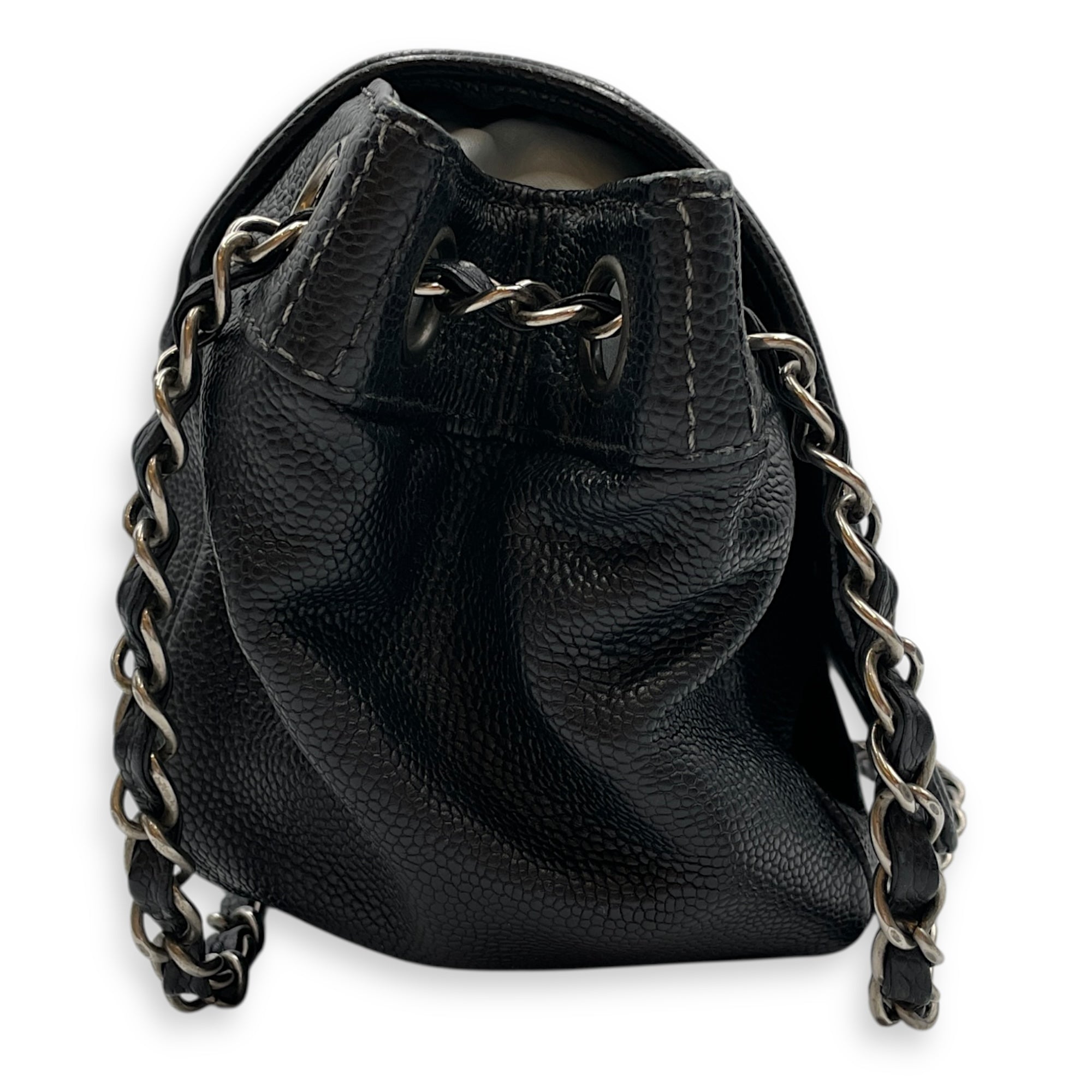Single Flap Black Crossbody Bag in Calfskin, Silver hardware