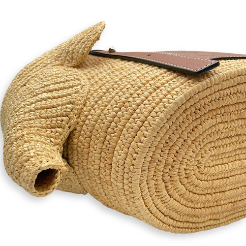 Elephant Basket Small Beige Top Handle Bag in Raffia/Calfskin, Silver hardware