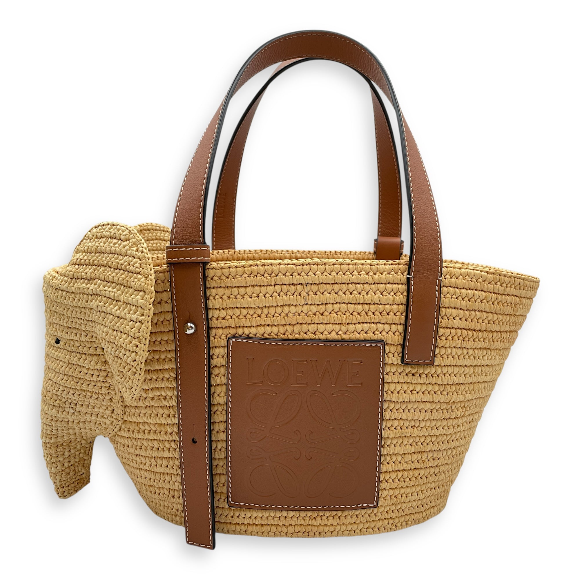 Elephant Basket Small Beige Top Handle Bag in Raffia/Calfskin, Silver hardware