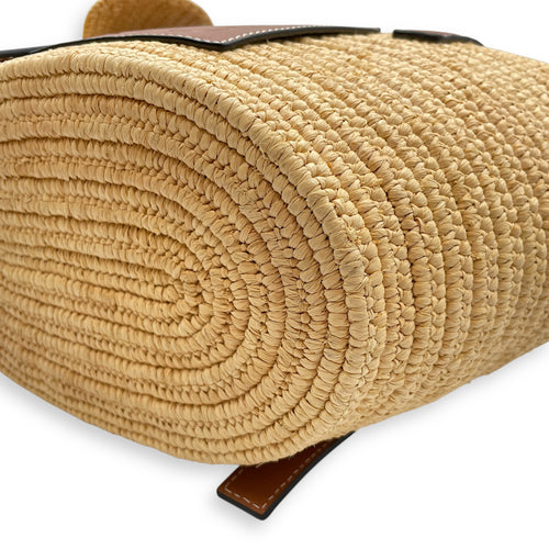 Elephant Basket Small Beige Top Handle Bag in Raffia/Calfskin, Silver hardware