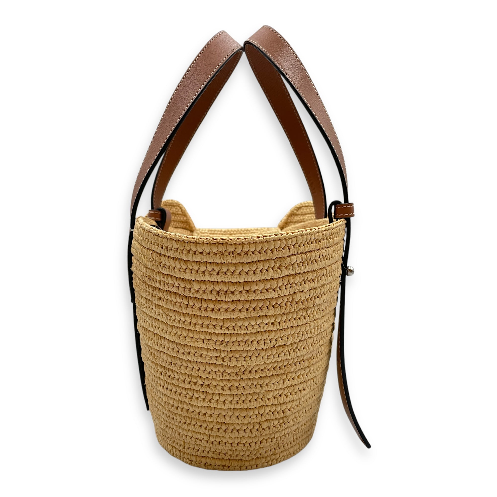 Elephant Basket Small Beige Top Handle Bag in Raffia/Calfskin, Silver hardware