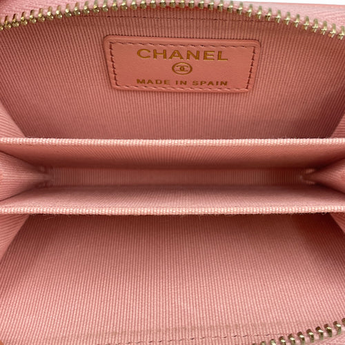 Quilted Zip Pink Card Holder in Caviar Leather, Gold hardware