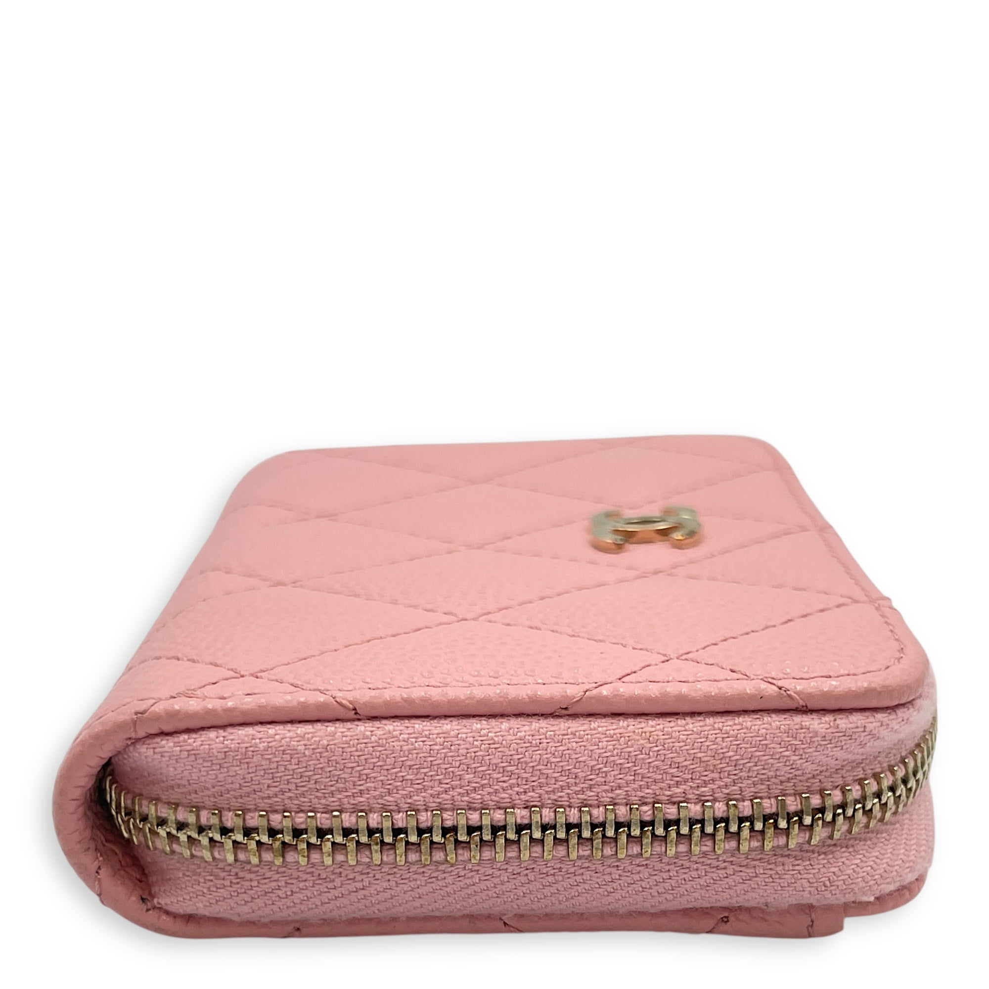 Quilted Zip Pink Card Holder in Caviar Leather, Gold hardware