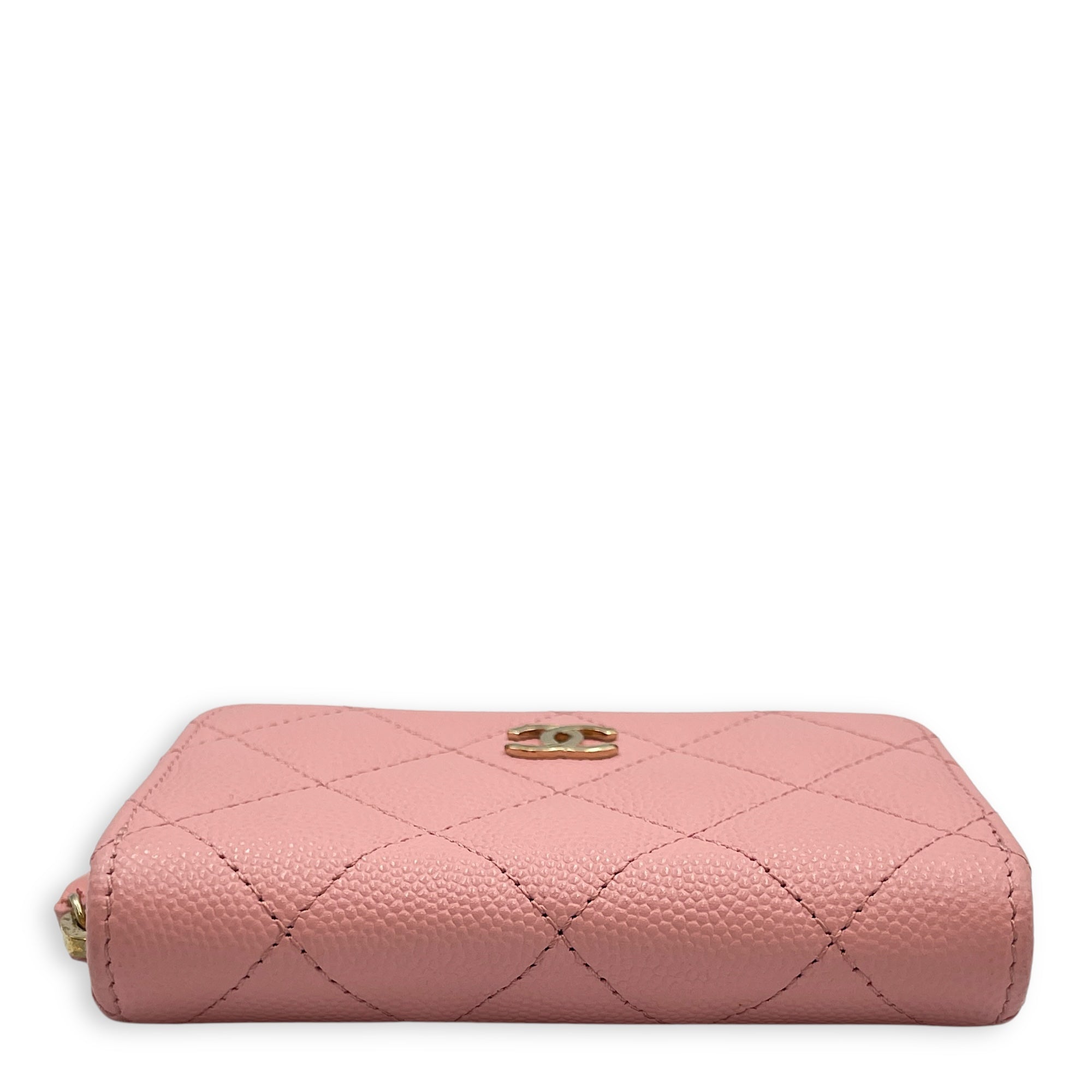 Quilted Zip Pink Card Holder in Caviar Leather, Gold hardware