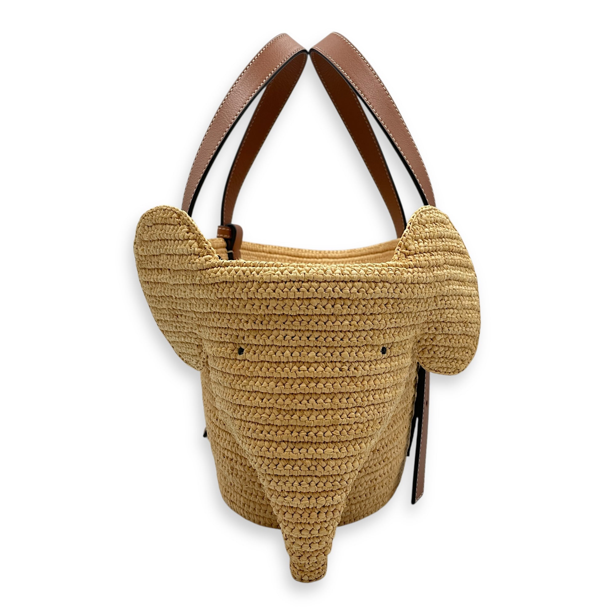 Elephant Basket Small Beige Top Handle Bag in Raffia/Calfskin, Silver hardware
