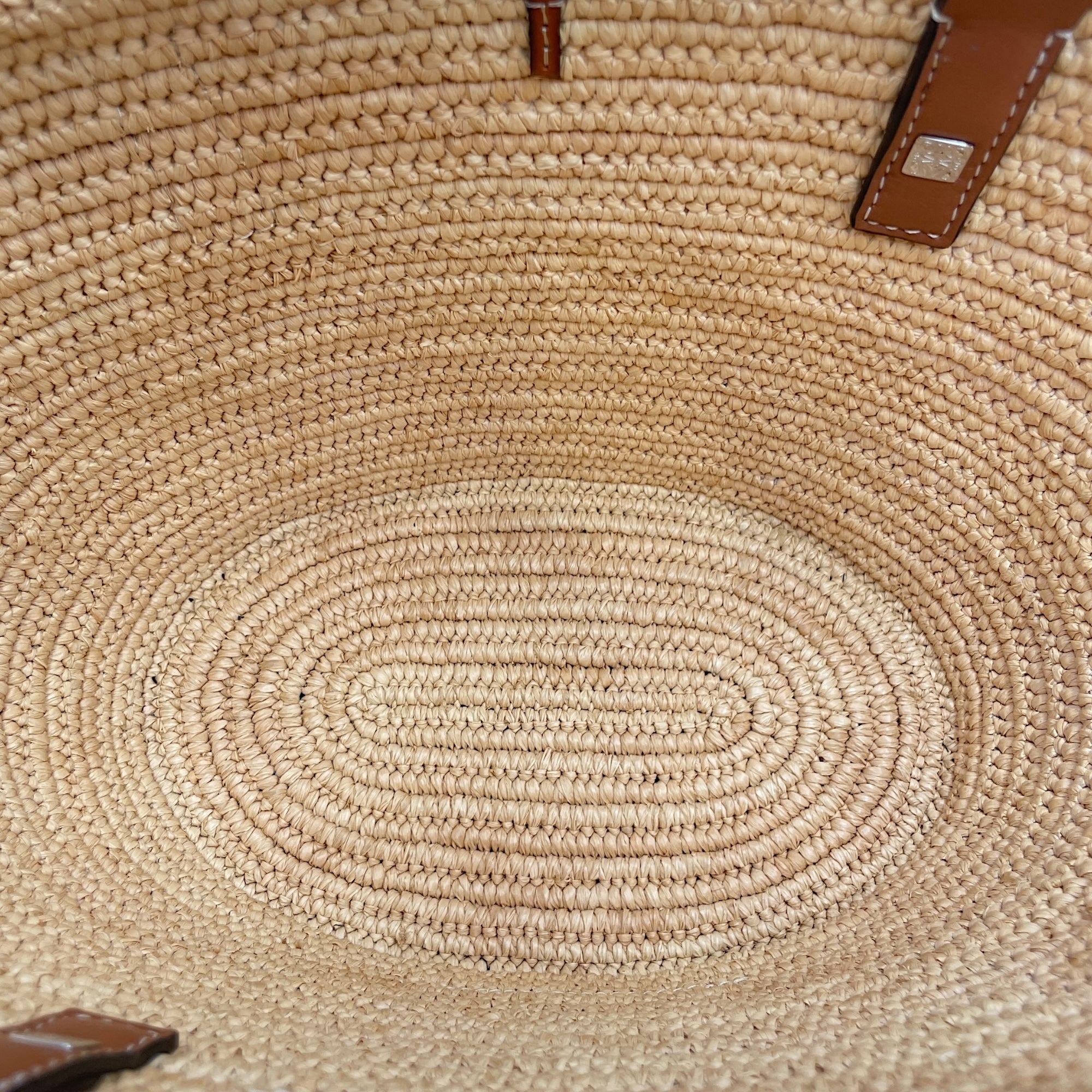 Elephant Basket Small Beige Top Handle Bag in Raffia/Calfskin, Silver hardware