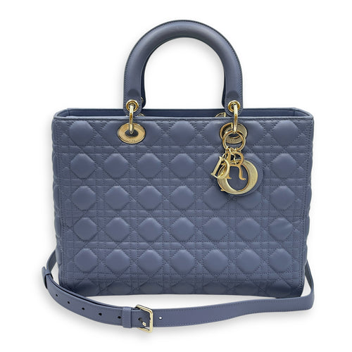 Lady Dior Cannage Large Blue Shoulder Bag in Lambskin, Gold hardware