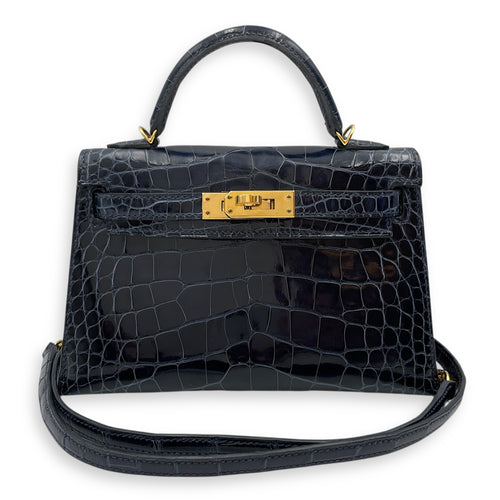 Sellier Kelly 20 Blue Sapphire in Shiny Alligator, Gold hardware