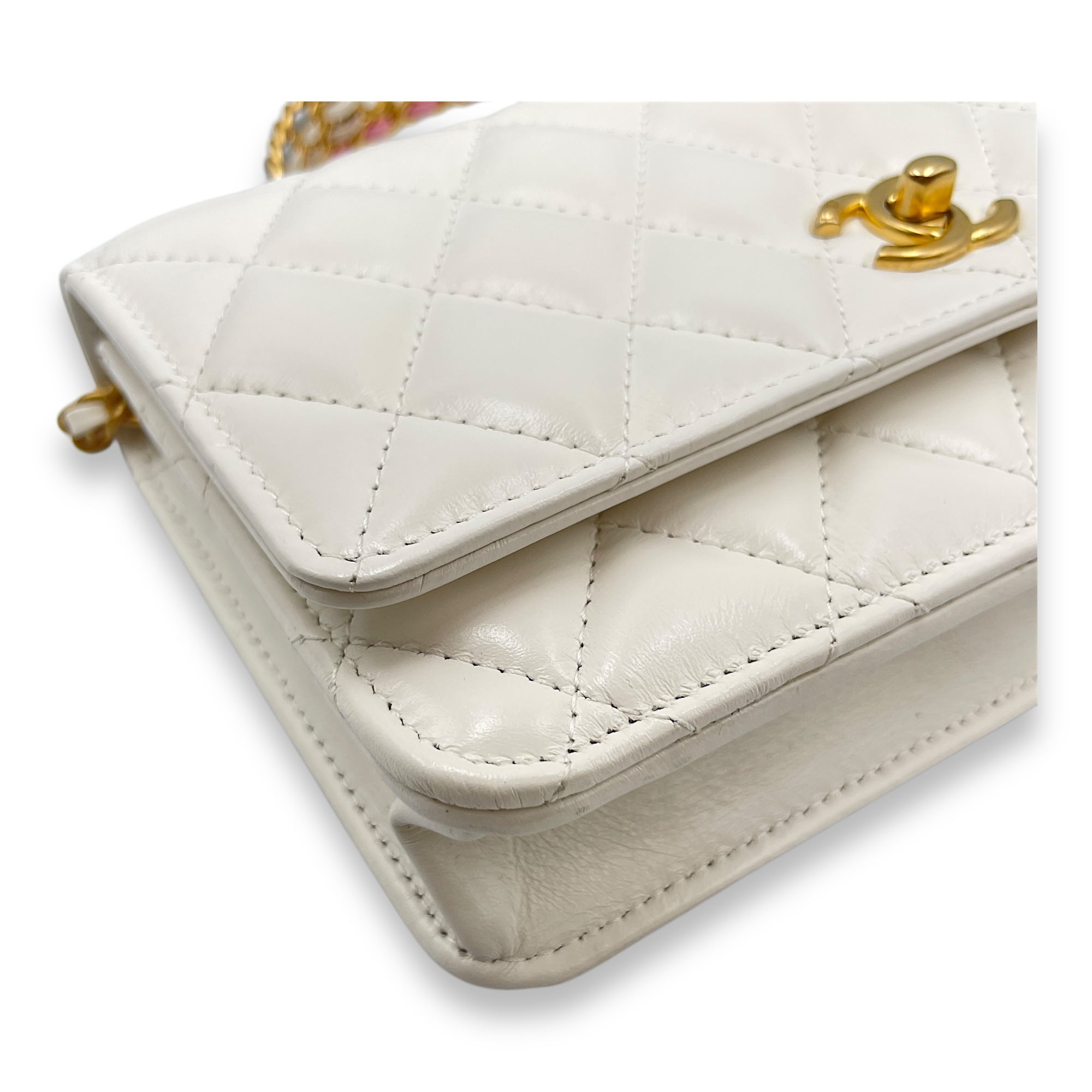 Quilted Rainbow White Top Handle Bag in Lambskin, Gold hardware