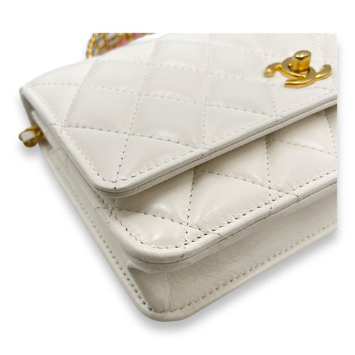 Quilted Rainbow White Top Handle Bag in Lambskin, Gold hardware