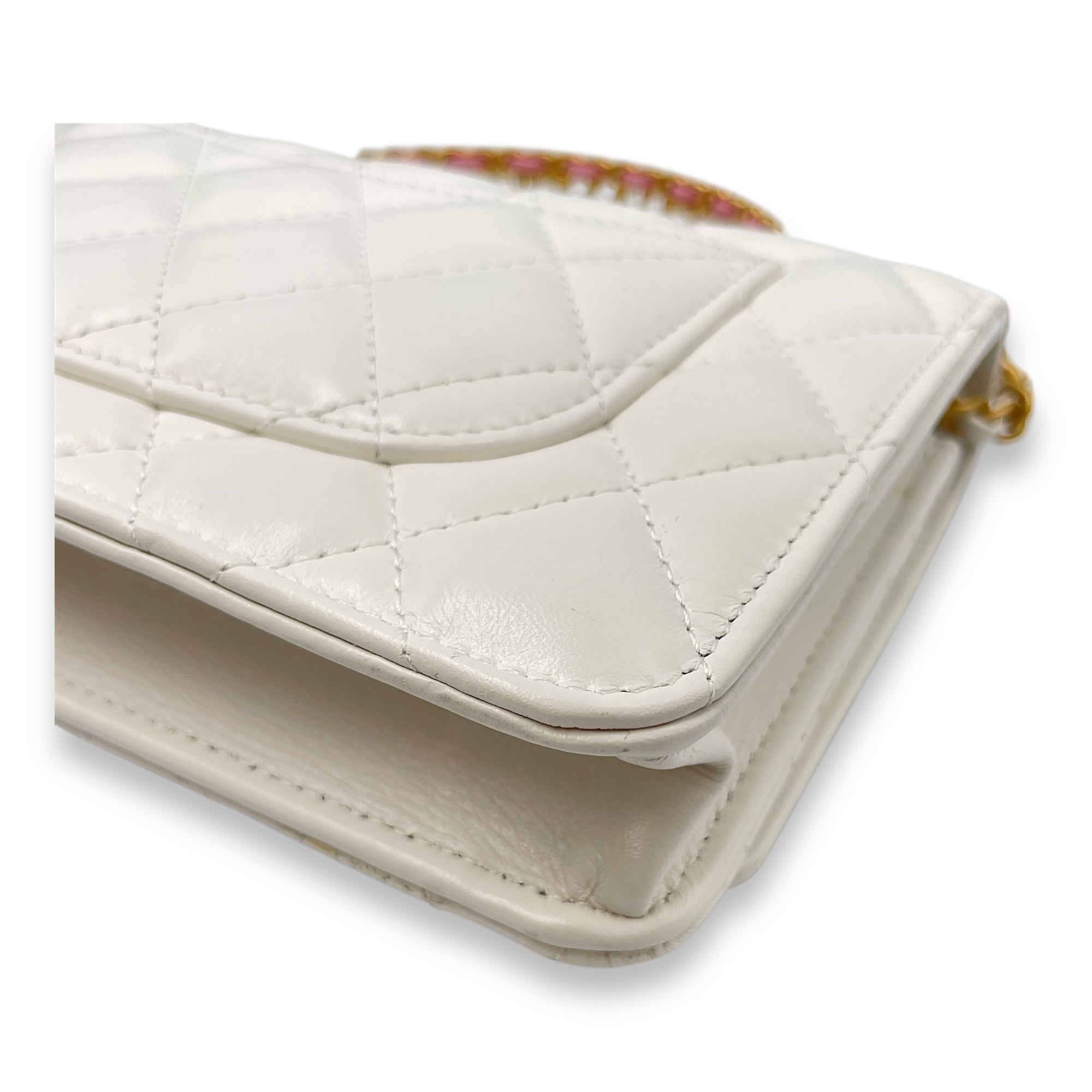 Quilted Rainbow White Top Handle Bag in Lambskin, Gold hardware