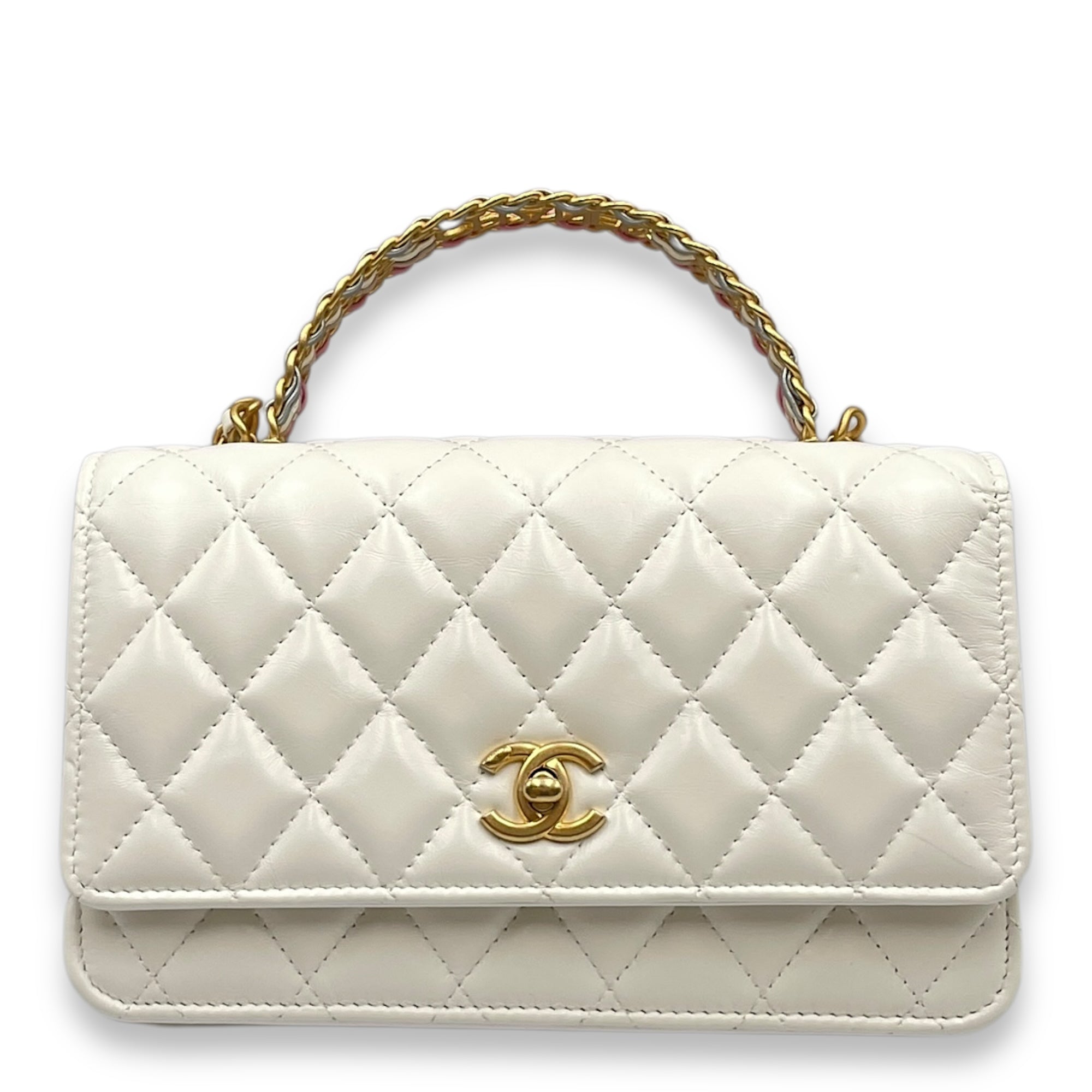 Quilted Rainbow White Top Handle Bag in Lambskin, Gold hardware