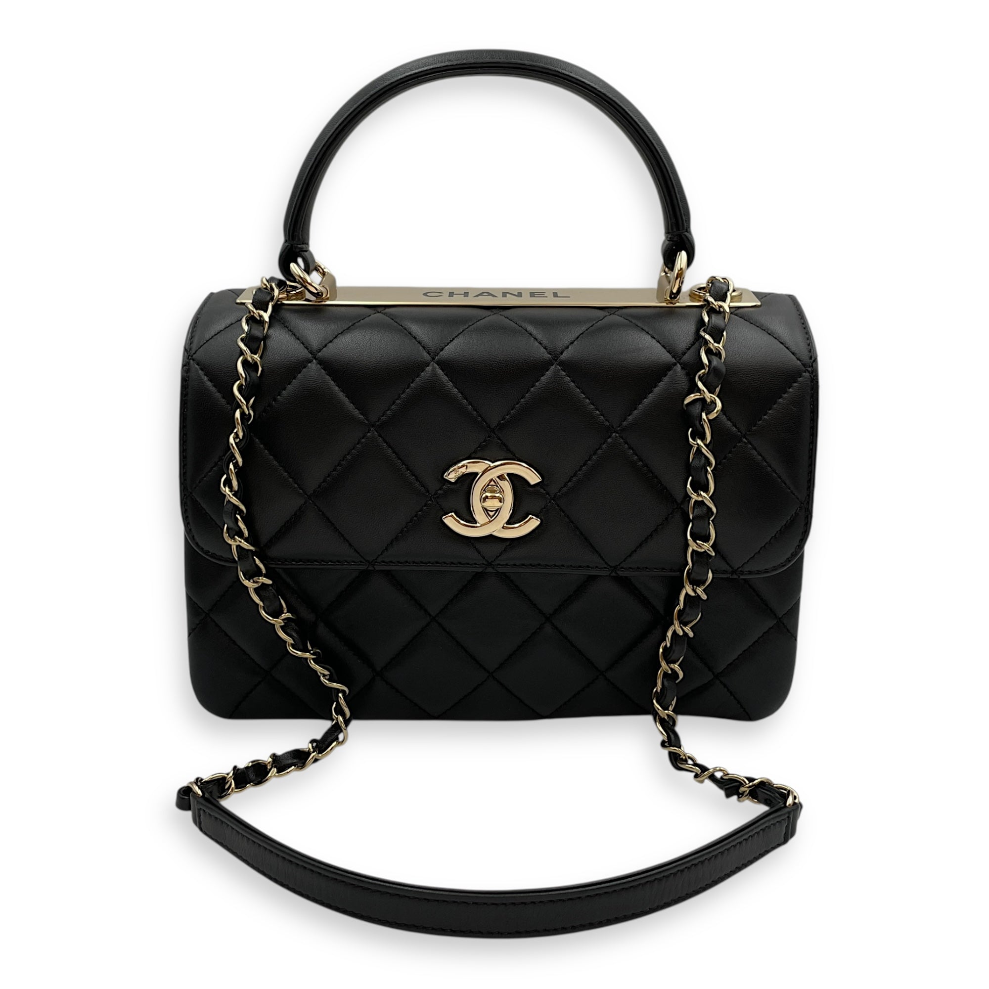 Quilted Trendy CC Black Top Handle in Lambskin, Gold hardware